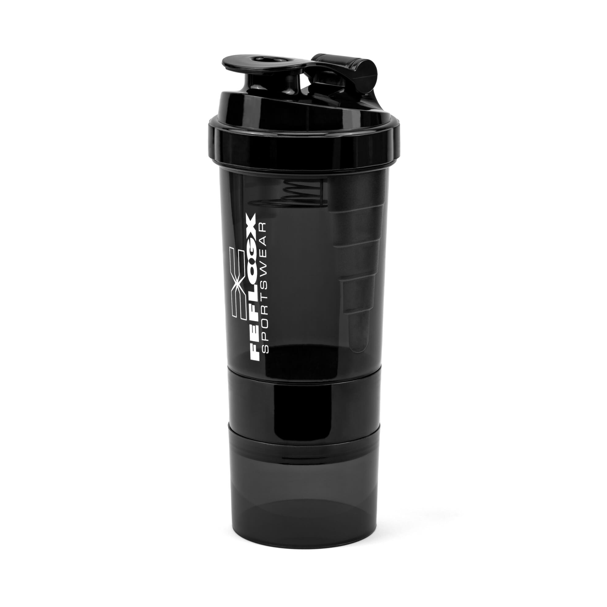 FEFLOGX Sportswear FFX Eiweiß Shaker Multi Boost High Performance, mit 2 Fächern für Pulver & Tabletten / Supplements etc., höchste Qualität mit hochwertigem Drehverschluss & herausnehmbarem, erstklassigem Edelstahl-Feder-Sieb für supercremige Shakes, 750ml / 20oz, frei von BPA & DEHP, Mixer, enorm langlebig & verlässlich auslaufsicher, vordere, Shakemixer, Eiweiß Shaker, Protein Shaker mit Pulverfach, Eiweißshaker, Shake Mixer, recycelbar, Vorderansicht, Skala 500ml Foto_6. FFX Eiweiß Shaker Multi Boost