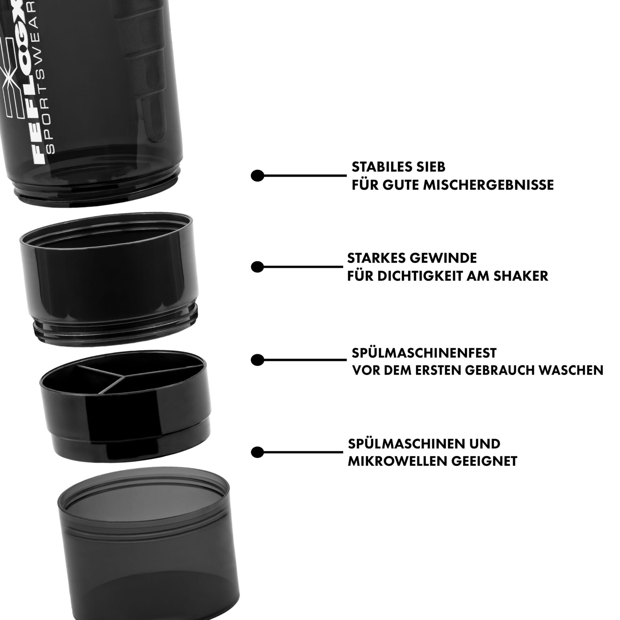 FEFLOGX Sportswear FFX Eiweiß Shaker Multi Boost High Performance, mit 2 Fächern für Pulver & Tabletten / Supplements etc., höchste Qualität mit hochwertigem Drehverschluss & herausnehmbarem, erstklassigem Edelstahl-Feder-Sieb für supercremige Shakes, 750ml / 20oz, frei von BPA & DEHP, Mixer, enorm langlebig & verlässlich auslaufsicher, vordere, Shakemixer, Eiweiß Shaker, Protein Shaker mit Pulverfach, Eiweißshaker, Shake Mixer, recycelbar, Vorderansicht, Skala 500ml Foto_13, Spülmaschinen geeignet. FFX Eiweiß Shaker Multi Boost