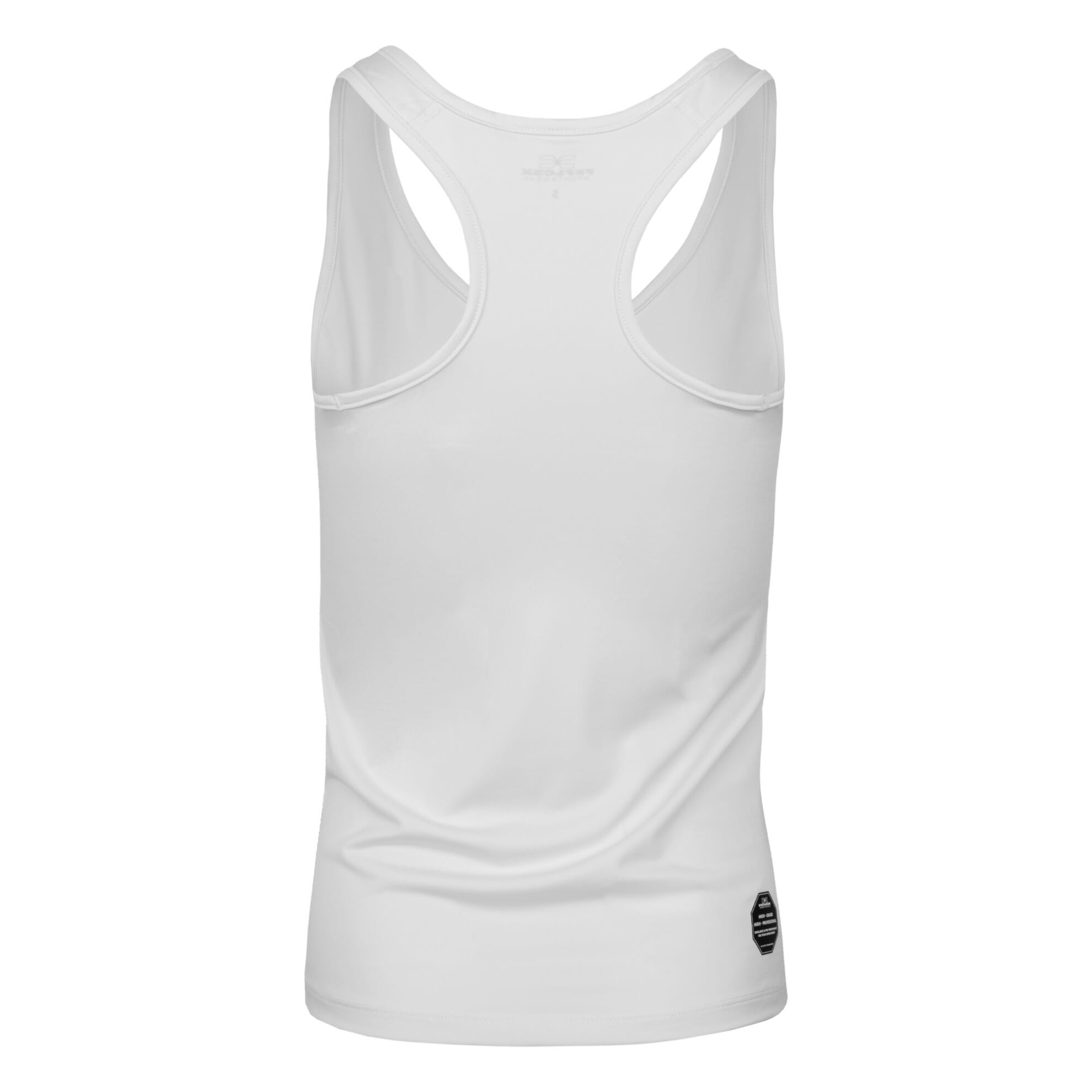 FFX Damen Sport Top Superior Fit, Tank Top Damen mit Racerback Schnitt, angenehm eng, Sporttop Damen, Damen Top, Tanktop Damen, FEFLOGX Sportswear, weiß, Rückseite. FFX Damen Sport Top Superior Fit