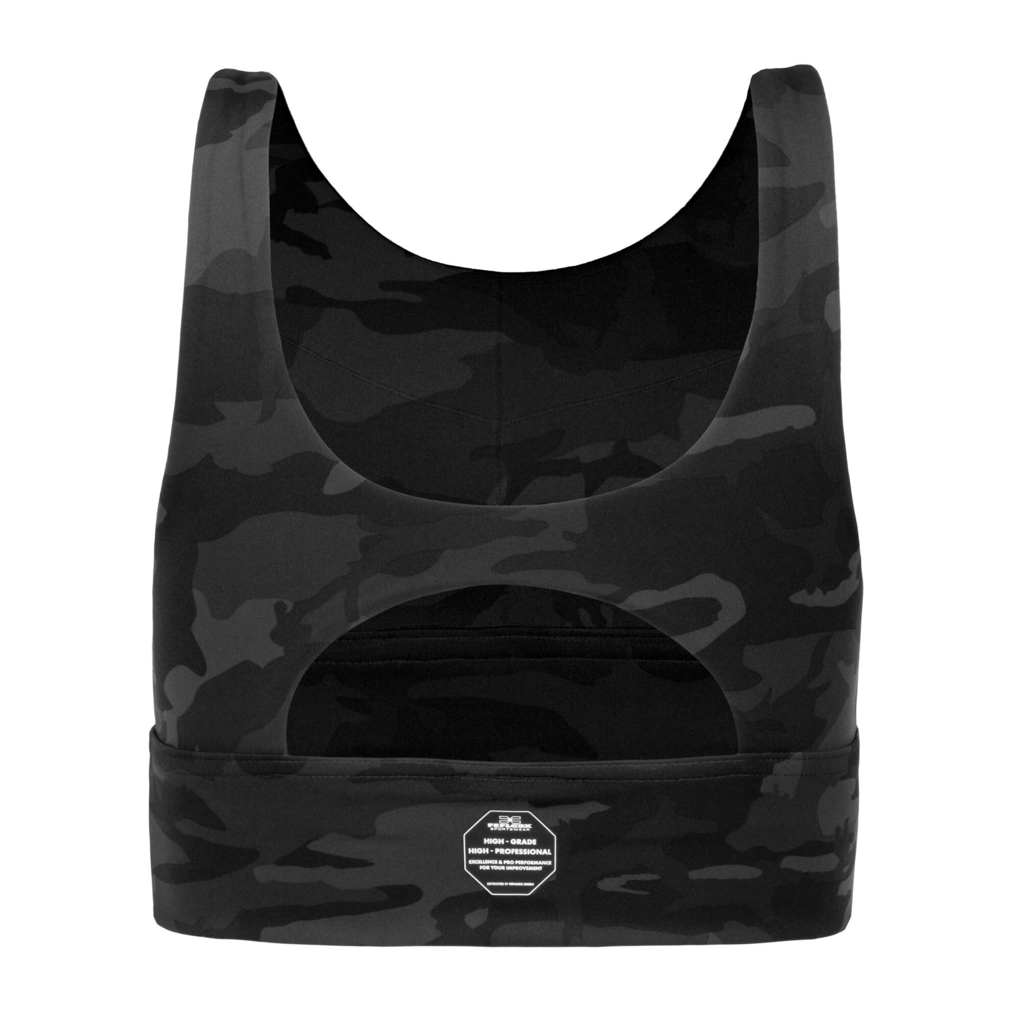 FFX High-Grade Sport BH Superior Fit, Sports Bra elegant mit herausnehmbaren Pads, Sport BH Push Up, Sport BH Damen, FEFLOGX Sportswear Sport bras, schwarz-camouflage, Rückseite. FFX High-Grade Sport BH Superior Fit