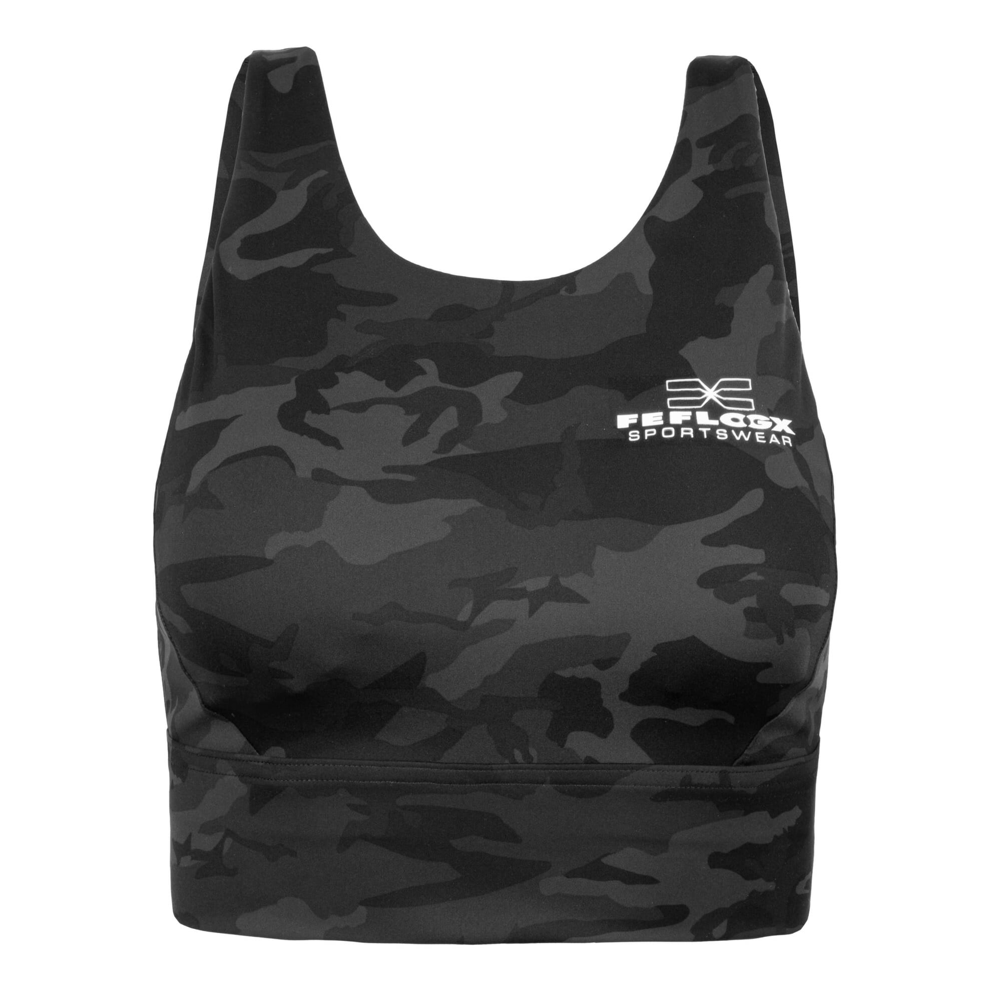 FFX High-Grade Sport BH Superior Fit, Sports Bra elegant mit herausnehmbaren Pads, Sport BH Push Up, Sport BH Damen, FEFLOGX Sportswear Sport bras, schwarz-camouflage, Vorderseite. FFX High-Grade Sport BH Superior Fit