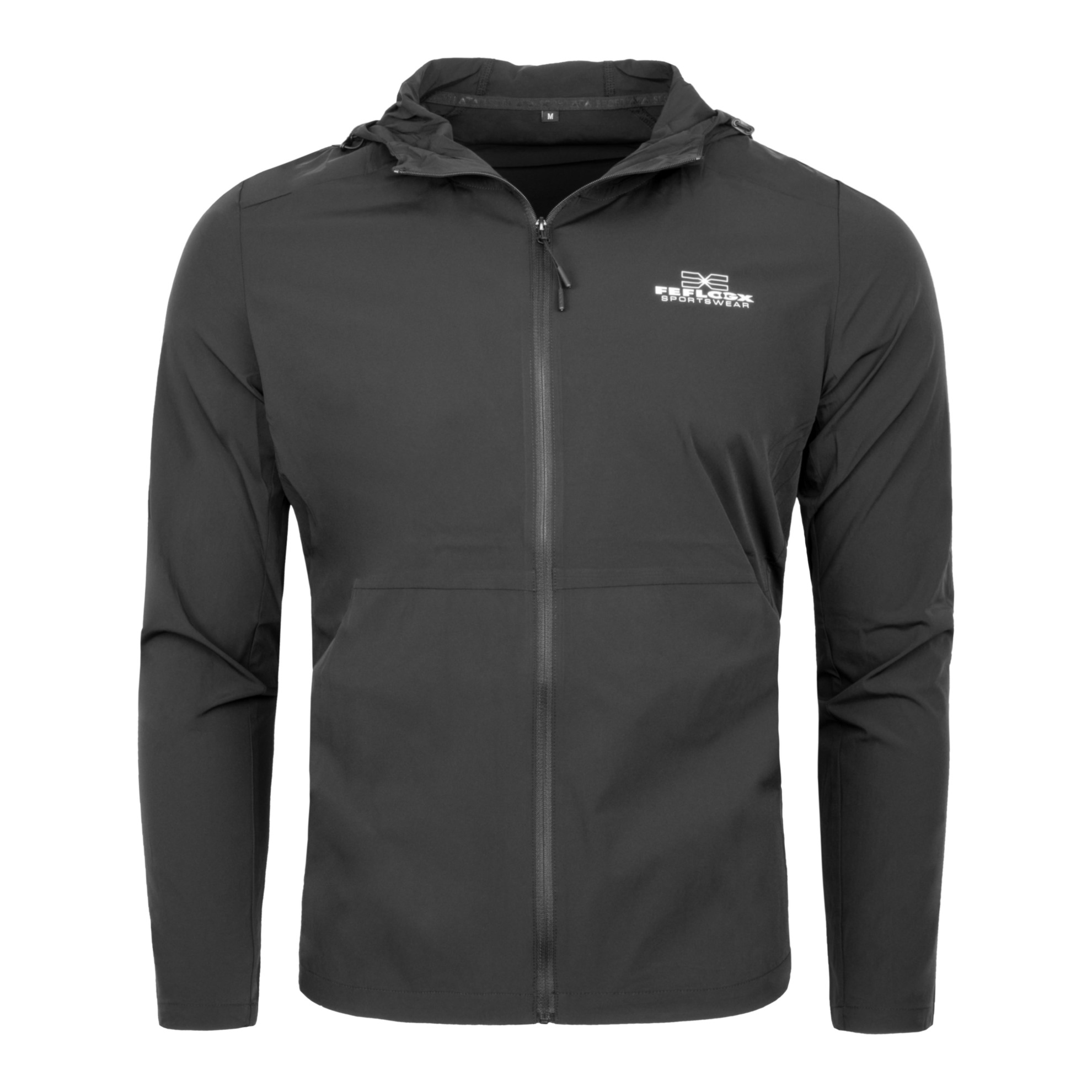 FFX leichte Pro-Tech Sportjacke Performance Windbreaker by FEFLOGX Sportswear, Top Style, Top Funktionalität & Top Performance Sportjacke, Sport Jacke, Jogging Jacke, Trainingsjacke, Wind Breaker, Windbreaker, Jacke, Regenjacke, erstklassige leichte Sportjacke mit Kapuze, vordere Ansicht ohne Kapuze der schwarzen Laufjacke. FFX leichte Pro-Tech Sportjacke Performance Windbreaker