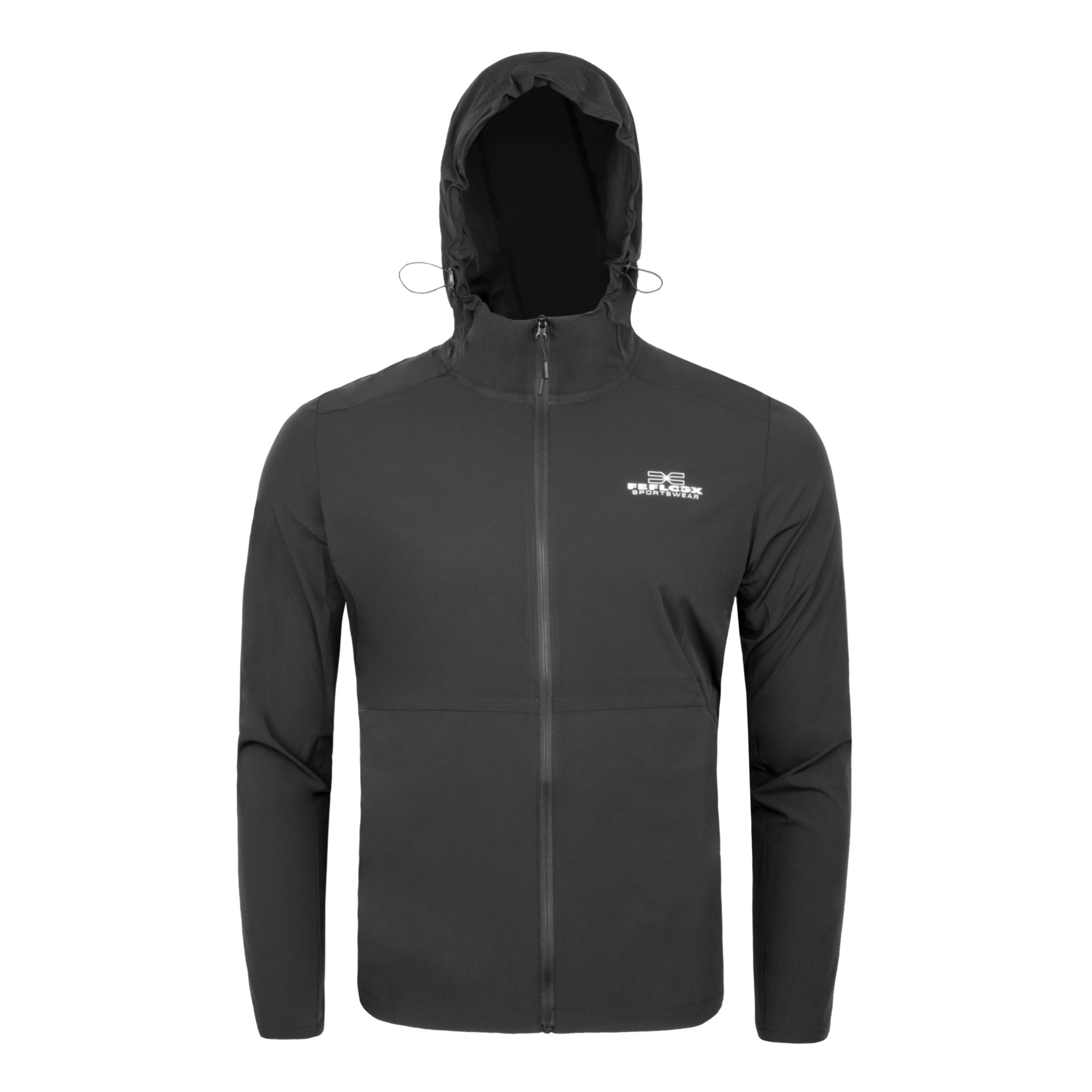 FFX leichte Pro-Tech Sportjacke Performance Windbreaker by FEFLOGX Sportswear, Top Style, Top Funktionalität & Top Performance Sportjacke, Sport Jacke, Jogging Jacke, Trainingsjacke, Wind Breaker, Windbreaker, Jacke, Regenjacke, erstklassige leichte Sportjacke mit Kapuze, vordere Ansicht mit Kapuze auf, von der schwarzen Laufjacke. FFX leichte Pro-Tech Sportjacke Performance Windbreaker