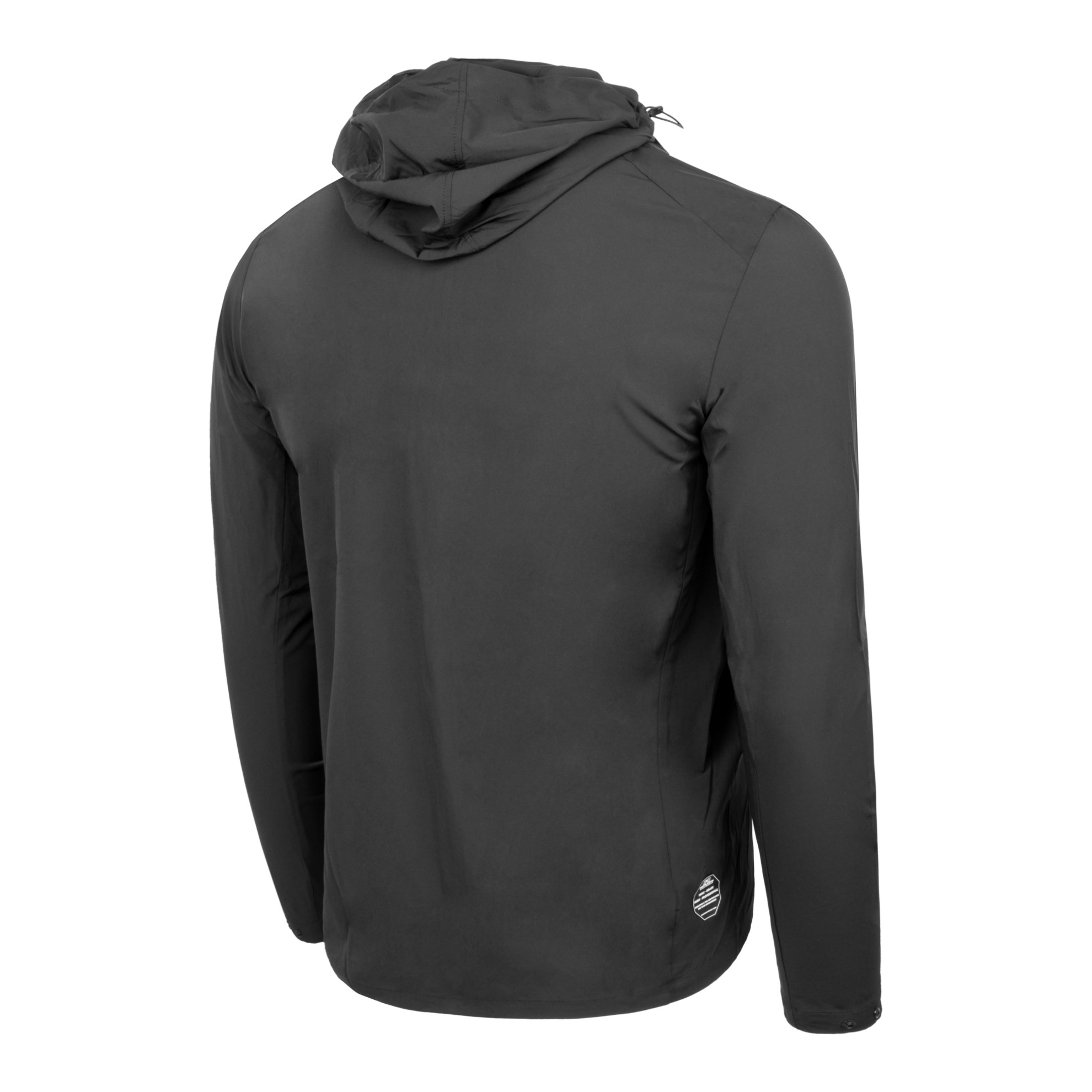 FFX leichte Pro-Tech Sportjacke Performance Windbreaker by FEFLOGX Sportswear, Top Style, Top Funktionalität & Top Performance Sportjacke, Sport Jacke, Jogging Jacke, Trainingsjacke, Wind Breaker, Windbreaker, Jacke, Regenjacke, erstklassige leichte Sportjacke mit Kapuze, seitlich hintere Ansicht der schwarzen Laufjacke. FFX leichte Pro-Tech Sportjacke Performance Windbreaker