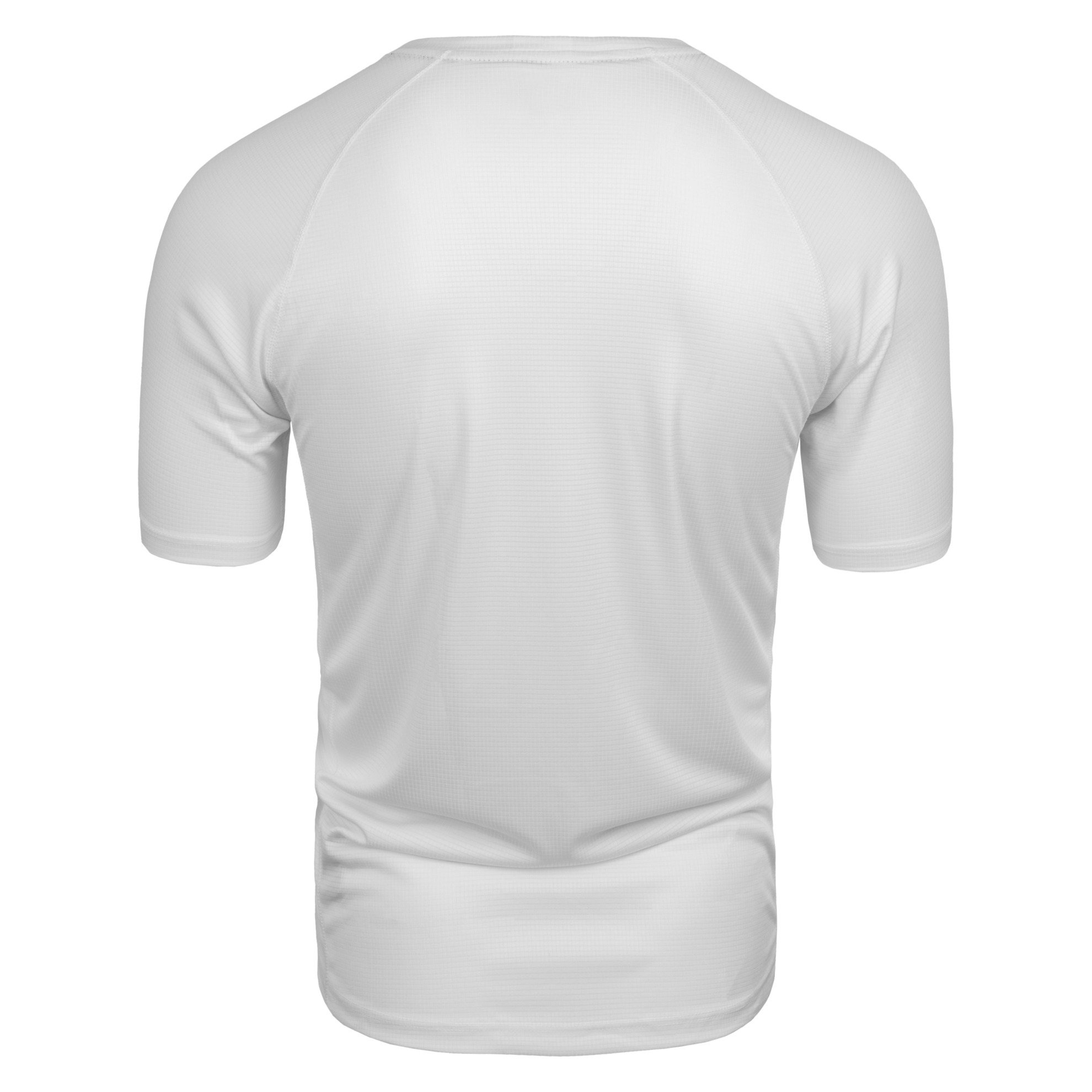 FFX Dry-Tech Mesh Funktionsshirt Superior Fit by FEFLOGX Sportswear, super bequem, leicht & schnelltrocknen, sowie atmungsaktiv, Sportshirt, Sport Shirt, Meshshirt, Gym Shirt, Laufshirt, Dry Tech Shirt, Mesh Shirt, Fitness Shirt, Sport T Shirt, Farben: blau, schwarz, weiß, grau, hintere Ansicht des weißen Fitness T Shirt. FFX Dry-Tech Mesh Funktionsshirt Superior Fit