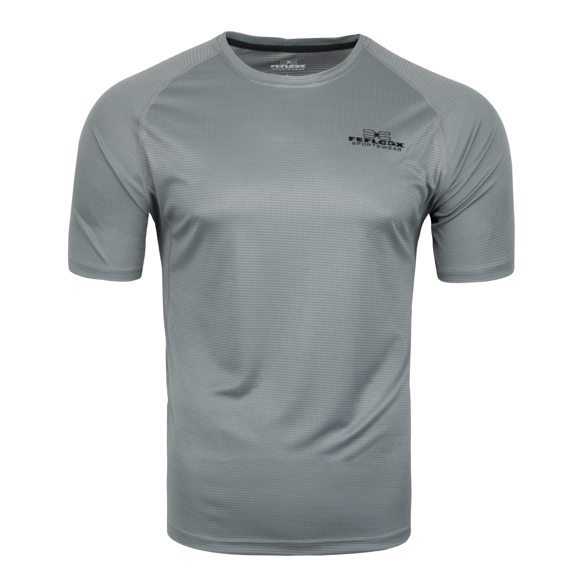 FFX Dry-Tech Mesh Funktionsshirt Superior Fit by FEFLOGX Sportswear, super bequem, leicht & schnelltrocknen, sowie atmungsaktiv, Sportshirt, Sport Shirt, Meshshirt, Gym Shirt, Laufshirt, Dry Tech Shirt, Mesh Shirt, Fitness Shirt, Sport T Shirt, Farben: blau, schwarz, weiß, grau, vordere Ansicht des grauen Fitness T Shirt. FFX Dry-Tech Mesh Funktionsshirt Superior Fit