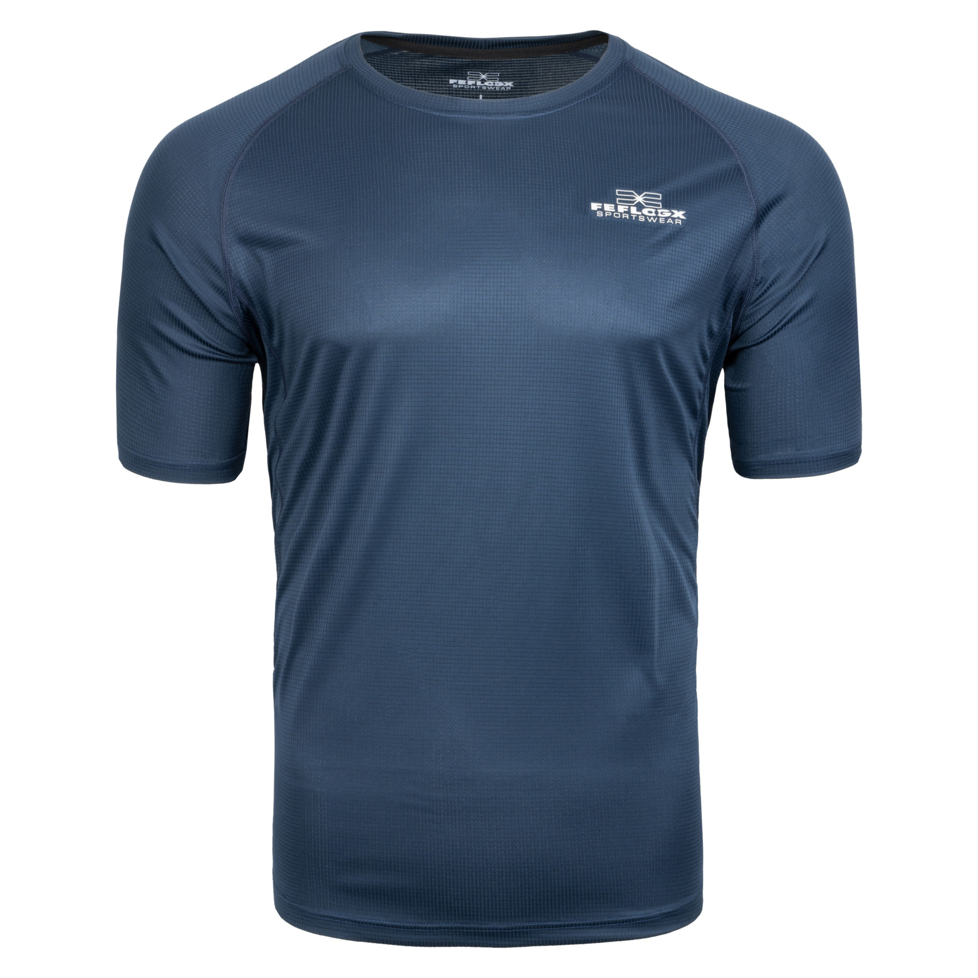 FFX Dry-Tech Mesh Funktionsshirt Superior Fit by FEFLOGX Sportswear, super bequem, leicht & schnelltrocknen, sowie atmungsaktiv, Sportshirt, Sport Shirt, Meshshirt, Gym Shirt, Laufshirt, Dry Tech Shirt, Mesh Shirt, Fitness Shirt, Sport T Shirt, Farben: blau, schwarz, weiß, grau, vordere Ansicht des blauen Fitness T Shirt. FFX Dry-Tech Mesh Funktionsshirt Superior Fit