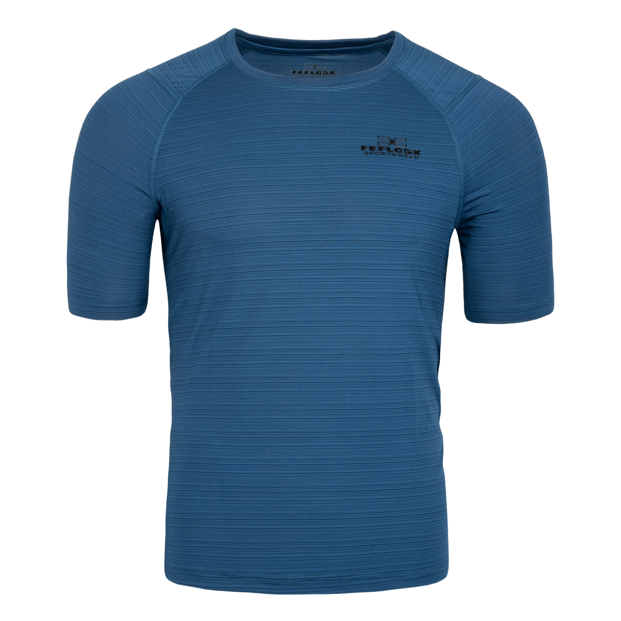 FFX Stretch Sportshirt Fighting Force by FEFLOGX Sportswear, super komfortabel & mega Top stylisches Design, Sport Shirt, Laufshirt, Gym Shirt, MMA Shirt, Rashguard, stretchiges Fighting Fitness Shirt Farben: schwarz, grau, blau, rot, vordere Ansicht des blauen stretch Sportshirts. FFX Stretch Sportshirt Fighting Force