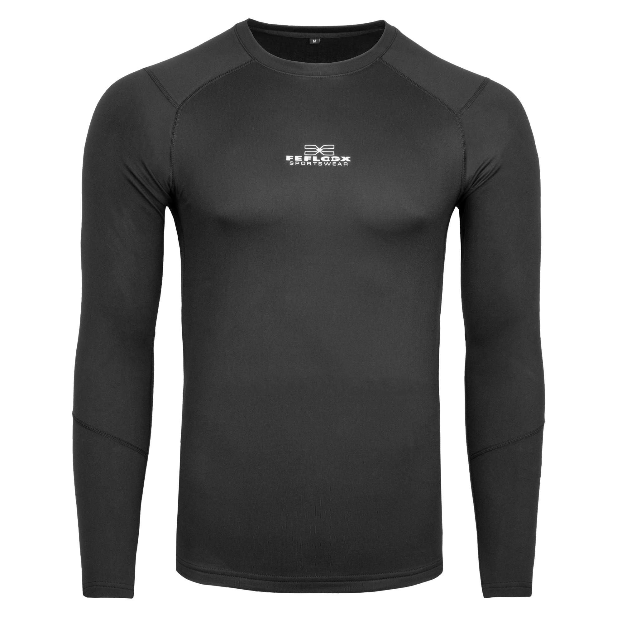 FFX Körperbetontes Sport Sweatshirt Performance Comfort von FEFLOGX Sportswear. Extrem hochwertig, super bequem, unglaublich gemütlicher Stoff & erstklassige Passform, Sport Sweatshirt, Sweatshirt, Sport Oberteil, Longsleeve Shirt, langes Sportshirt, Sport Pullover, Farben: grau, schwarz & blaugrün. Front-Ansicht der schwarzen Farbe. FFX Langarm Compression Rashguard Core Fit
