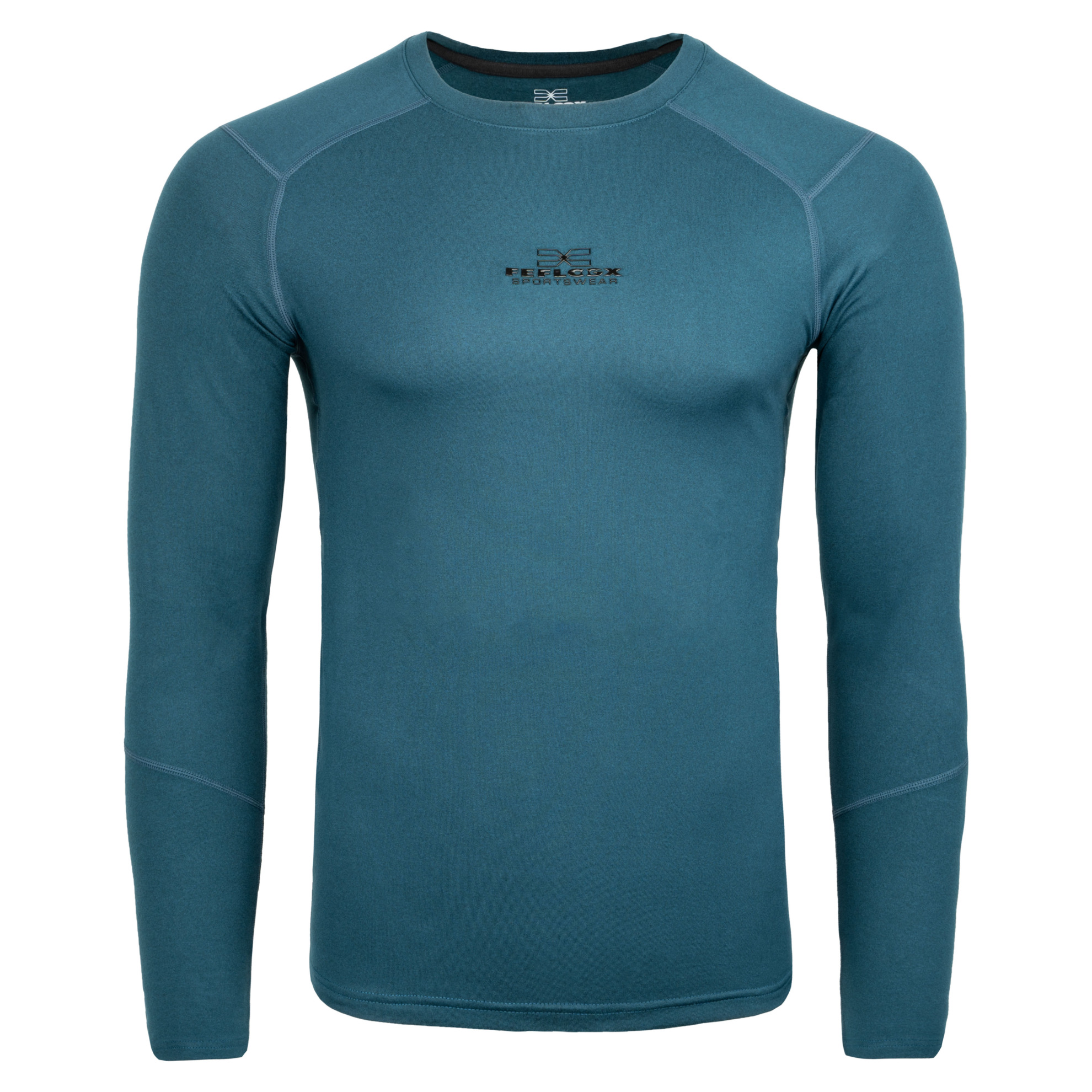 FFX Körperbetontes Sport Sweatshirt Performance Comfort von FEFLOGX Sportswear. Extrem hochwertig, super bequem, unglaublich gemütlicher Stoff & erstklassige Passform. Sport Oberteil, Longsleeve Shirt, langes Sportshirt, Sport Pullover, grau, schwarz & blaugrün. Front-Ansicht der blau-grünen Farbe. FFX Körperbetontes Performance Sport Sweatshirt High Comfort