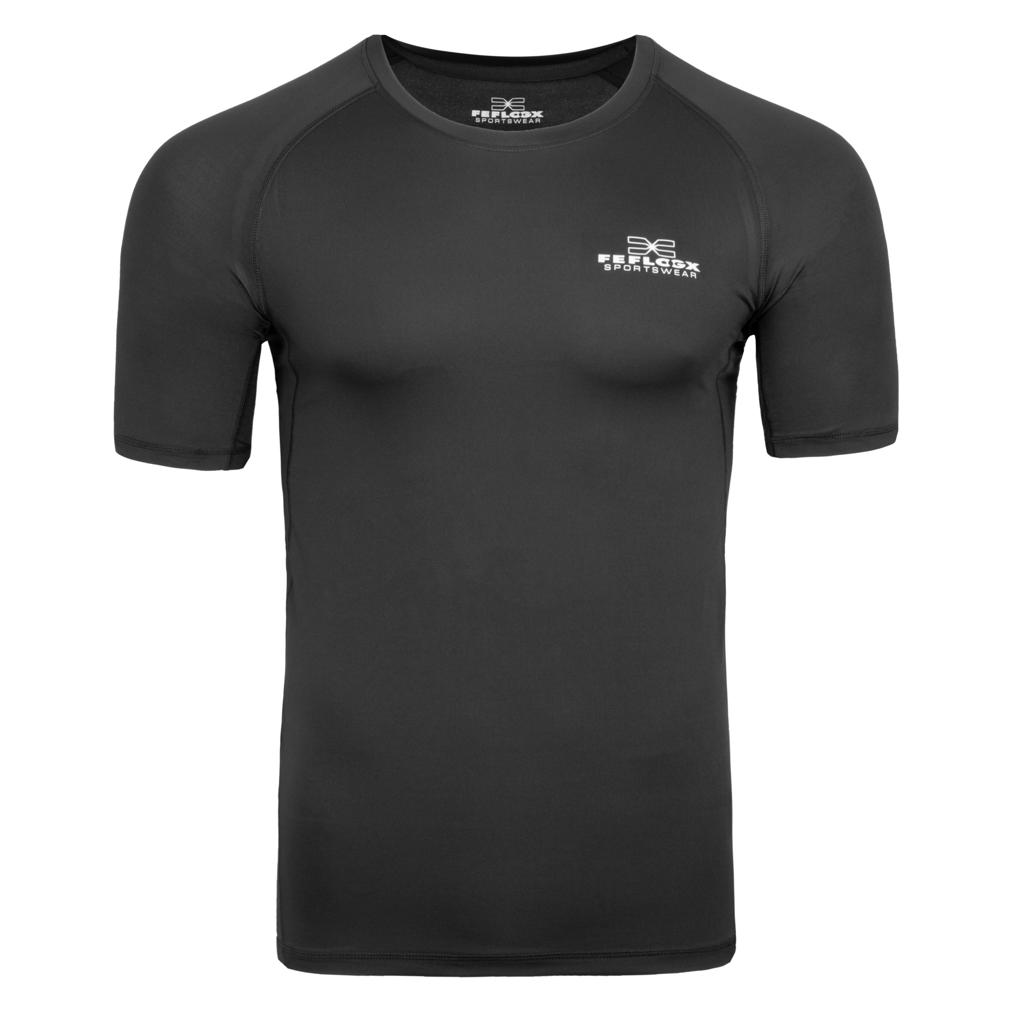 FFX Kompressionsshirt Strike Fighter by FEFLOGX Sportswear, super komfortabel, Performance Passform & Top stylisches Design, Rashguard, MMA Shirt, Ringer Shirt, Kampfsport Shirt, BJJ Shirt, Funktionsshirt, Trainingsshirt, Sportshirt, Sport Shirt, Fight Shirt, MMA Rashguard, Kompressionsshirt Herren, Farben: schwarz, vordere Ansicht des schwarzen Sportshirts. FFX Kompressionsshirt Strike Fighter