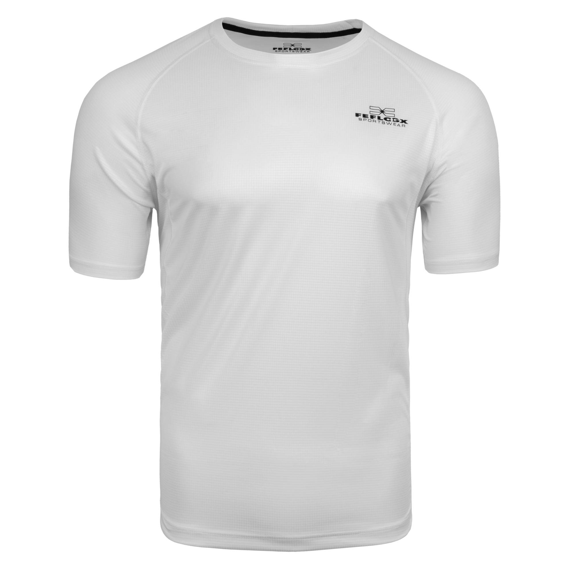 FFX Dry-Tech Mesh Funktionsshirt Superior Fit by FEFLOGX Sportswear, super bequem, leicht & schnelltrocknen, sowie atmungsaktiv, Sportshirt, Sport Shirt, Meshshirt, Gym Shirt, Laufshirt, Dry Tech Shirt, Mesh Shirt, Fitness Shirt, Sport T Shirt, Farben: blau, schwarz, weiß, grau, vordere Ansicht des weißen Fitness T Shirt. FFX Dry-Tech Mesh Funktionsshirt Superior Fit