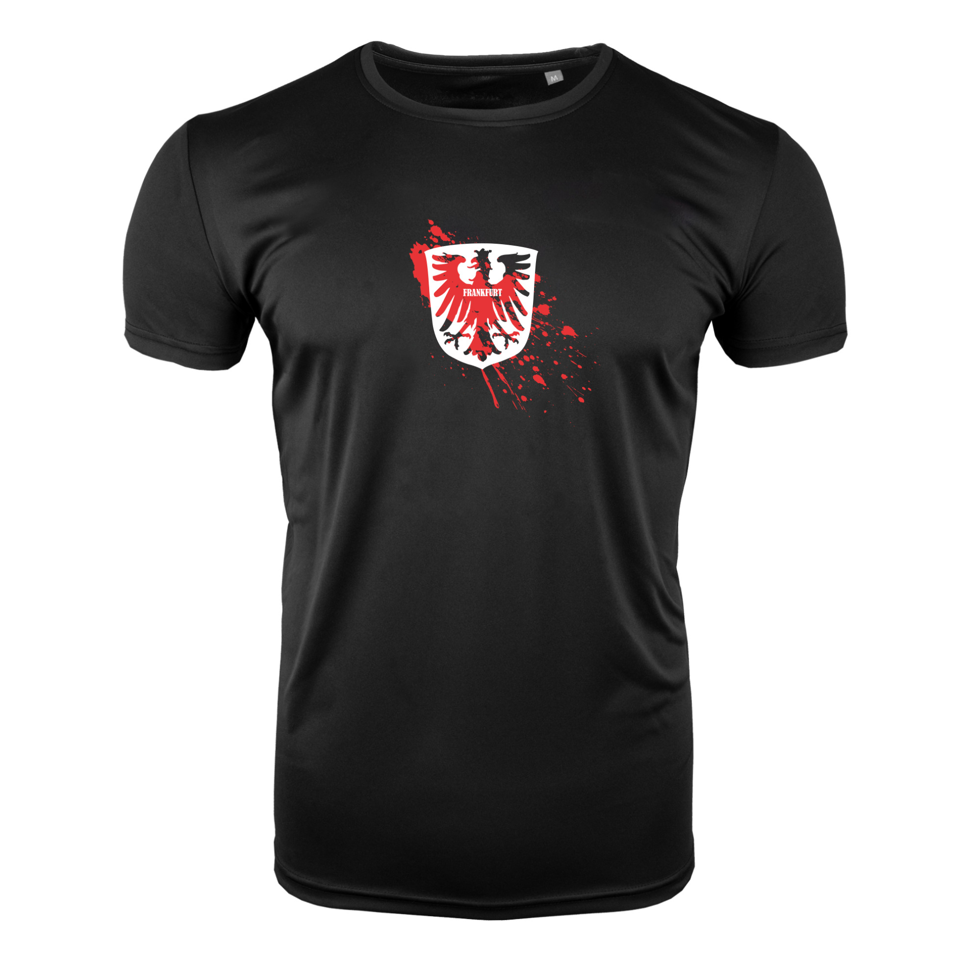 FEFLOGX Sportswear: FFX Frankfurt Stadtwappen Shirt Exclusive "Blood Edition", Frankfurt am Main Shirt FFM, Frankfurt T-Shirt, Eintracht Frankfurt Shirt, 069 Shirt, SGE Shirts, Fanshirt, Frankfurt Shirt, Frankfurt Fan Shirt, Stadt Frankfurt am Main Oberteil, Herren, Damen, Unisex, in schwarz & weiß, Übersichtsbild, schwarzes Shirt vordere Seite, Stadtwappen Frankfurt mit Blut Spritzern. FFX Frankfurt Stadtwappen Shirt Exclusive "Blood Edition"