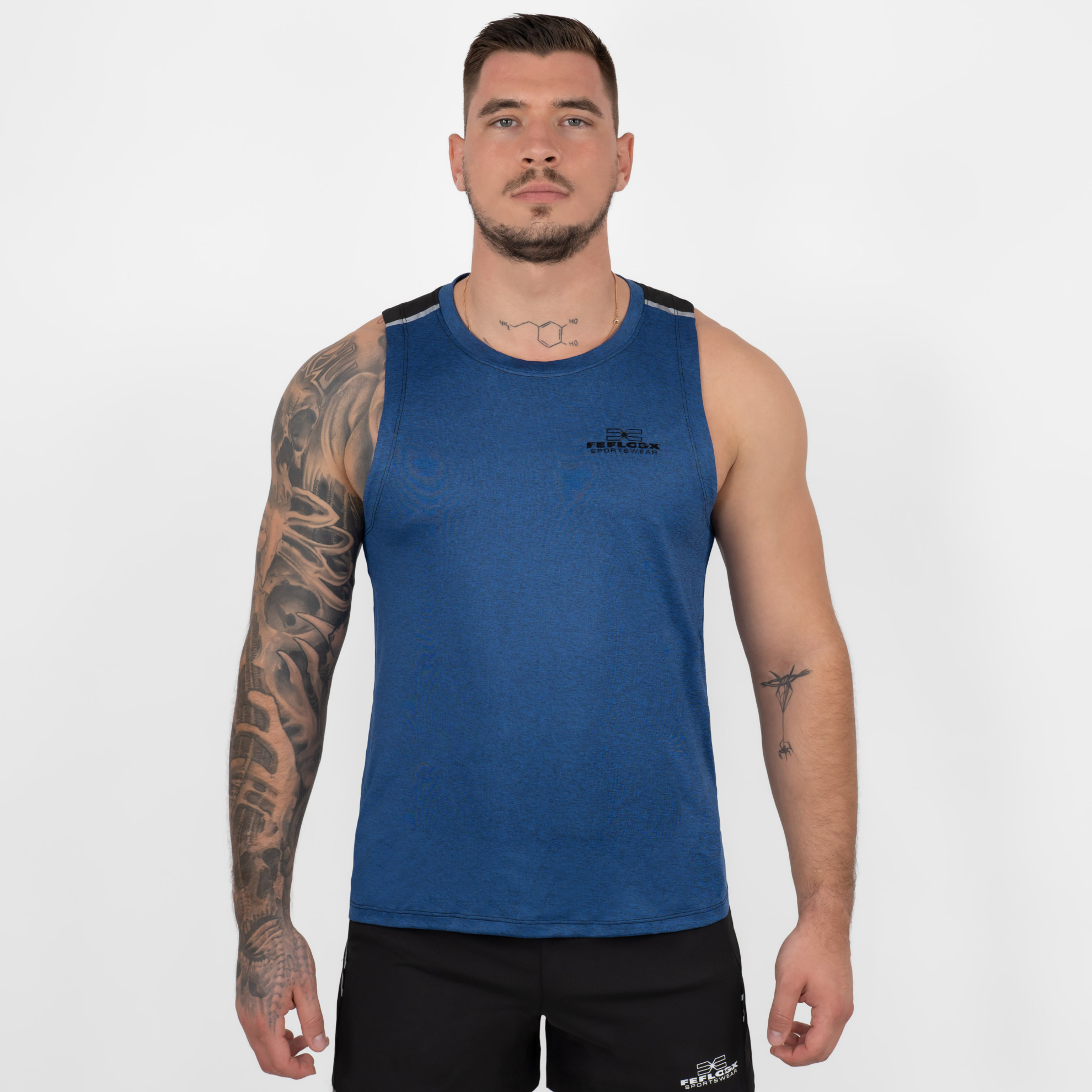 FFX Sport Tank Top Full Body Force by FEFLOGX Sportswear, super komfortabel & mega Top stylisches Design, Tank Top Herren, Herren Tanktop, Tanktop, ärmelloses Shirt, Tank Top Herren Sport, Gym Tank Top, Farben: schwarz, blau, vordere Ansicht des blauen ärmellosen Sportshirts. FFX Sport Tank Top Full Body Force