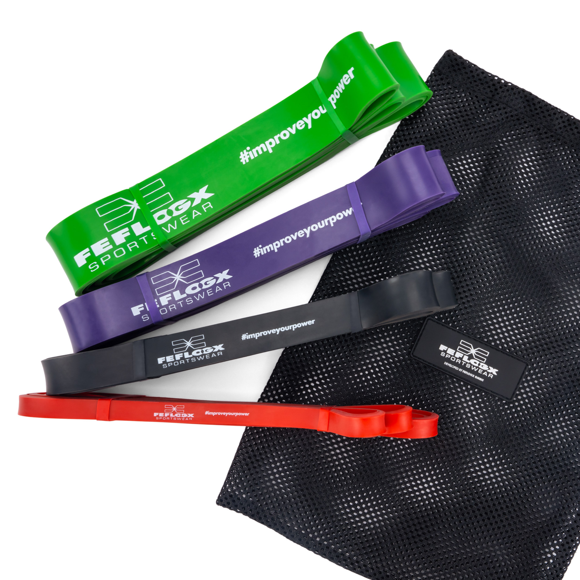 FFX Große Profi Widerstands Fitnessbänder High Performance by FEFLOGX Sportswear. Gummibänder Sport einzeln oder in 4er- & 5er-Packs, Sport Widerstandsbänder in 4 verschiedenen Stärken und Farben. Resistance-Bands, Gummiband Sport, Fitnessbänder Set für Training, auch perfekt als Klimmzughilfe, Loop Bands 4er-Pack (4). FFX Große Profi Widerstands Fitnessbänder High Performance