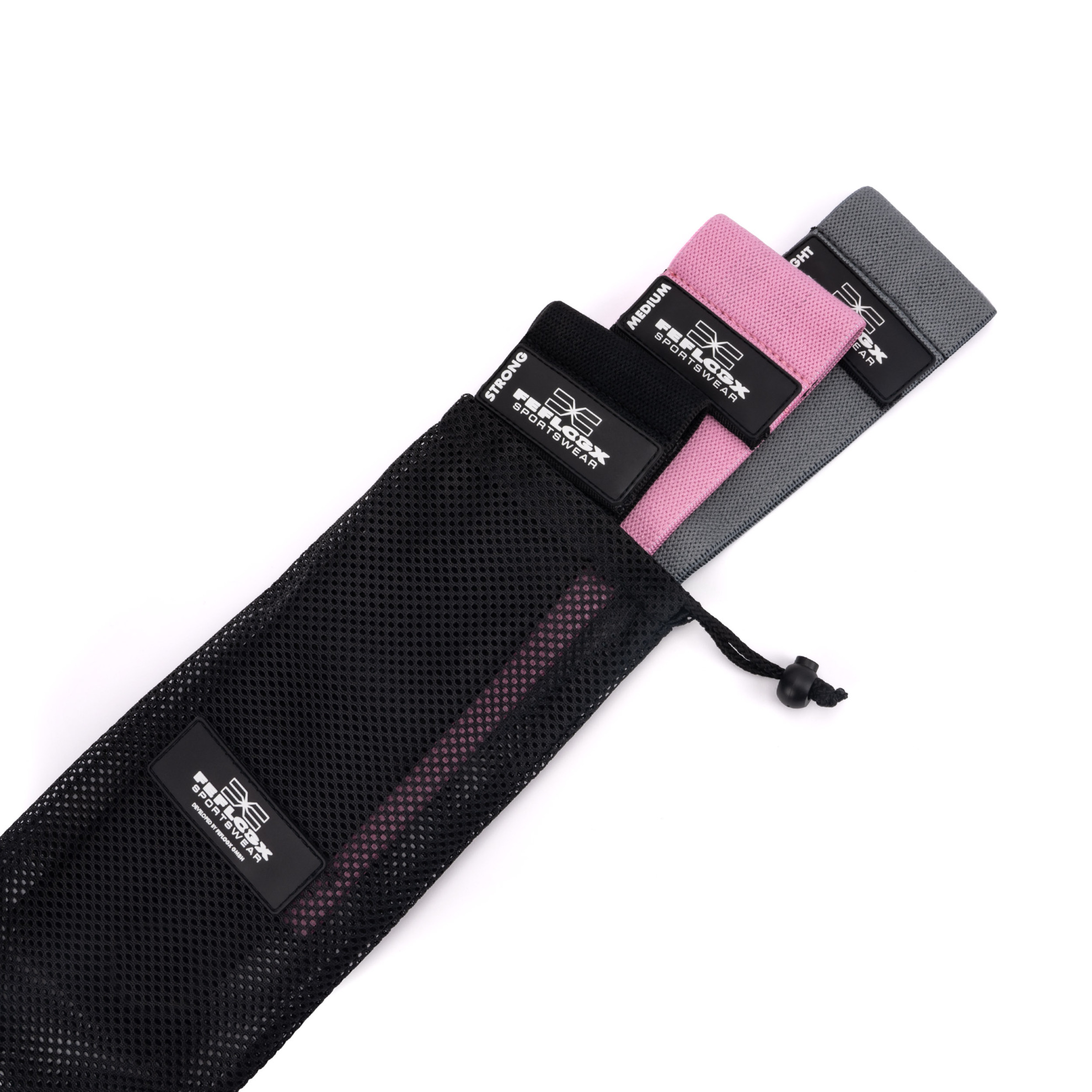 Erstklassige FFX Profi Stoff Widerstandsbänder Sport High Performance by FEFLOGX Sportswear, extrem hochwertige Gummibänder Sport, Resistance Bands, Fitnessbänder, Fitness Bänder, Booty Bands, Sport Hüftbänder mit High-Grade Silicon-Rubber-Patch & einem qualitativ sehr hochwertigen Netzbeutel zur ordentlichen Aufbewahrung, 3 verschiedene Stärken (Strong, Medium, Light). FFX Profi Stoff Widerstandsbänder Sport High Performance