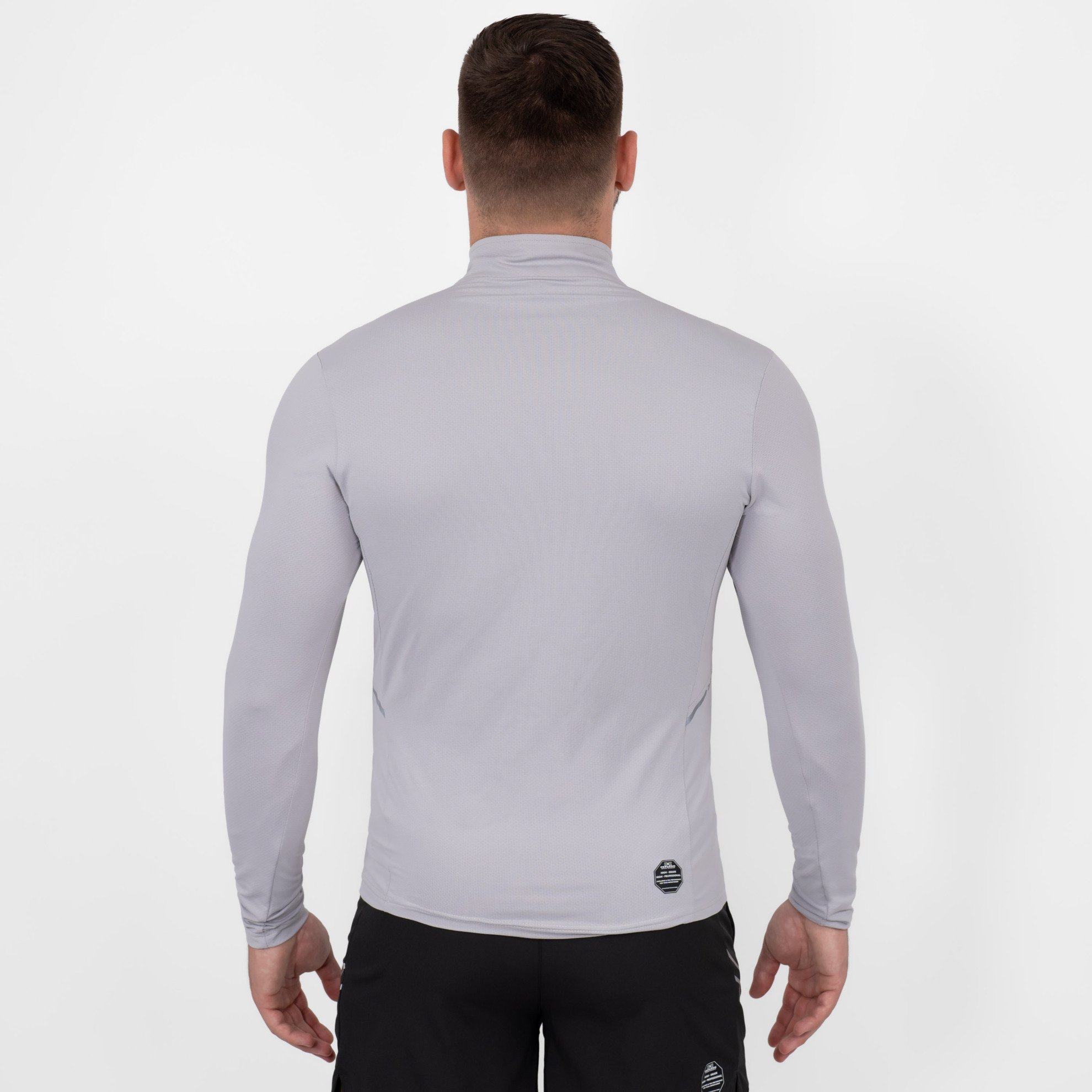FFX High Performance Sport Sweatshirt mit Reißverschluss by FEFLOGX Sportswear, super komfortabel & mega Top stylisches Design, Sweater, Sport Sweatshirt, Longsleeve Shirt, Zip Pullover, Sport Oberteil, Sweatshirt, Mesh Look Farben: schwarz, grau-weiß, hellblau, hintere Ansicht des grau-weißen Sport Sweatshirt mit 1/4 Reißverschluss. FFX High Performance Sport Sweatshirt mit Reißverschluss