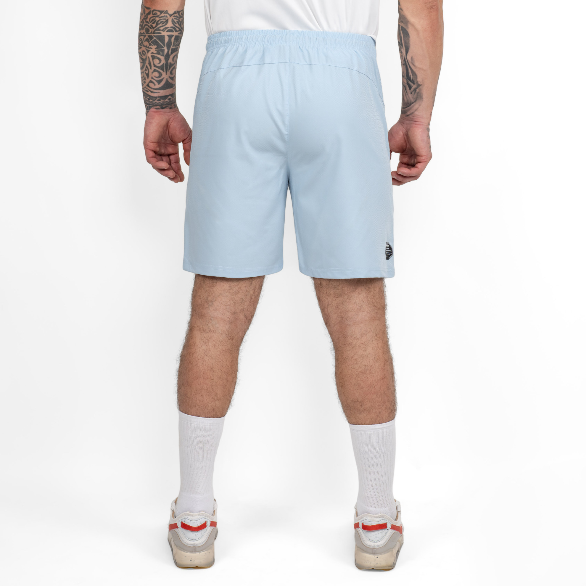 FFX Excellent Training Sport Shorts Flex Fit von FEFLOGX Sportswear, exzellente Sport Shorts, Kurze Sporthose, kurze Trainingshose, Sport Shorts Herren, kurze Jogginghose Herren in hellblau & hellgrün, hintere Ansicht, hellblaue Sportshorts. FFX Excellent Training Sport Shorts Flex Fit