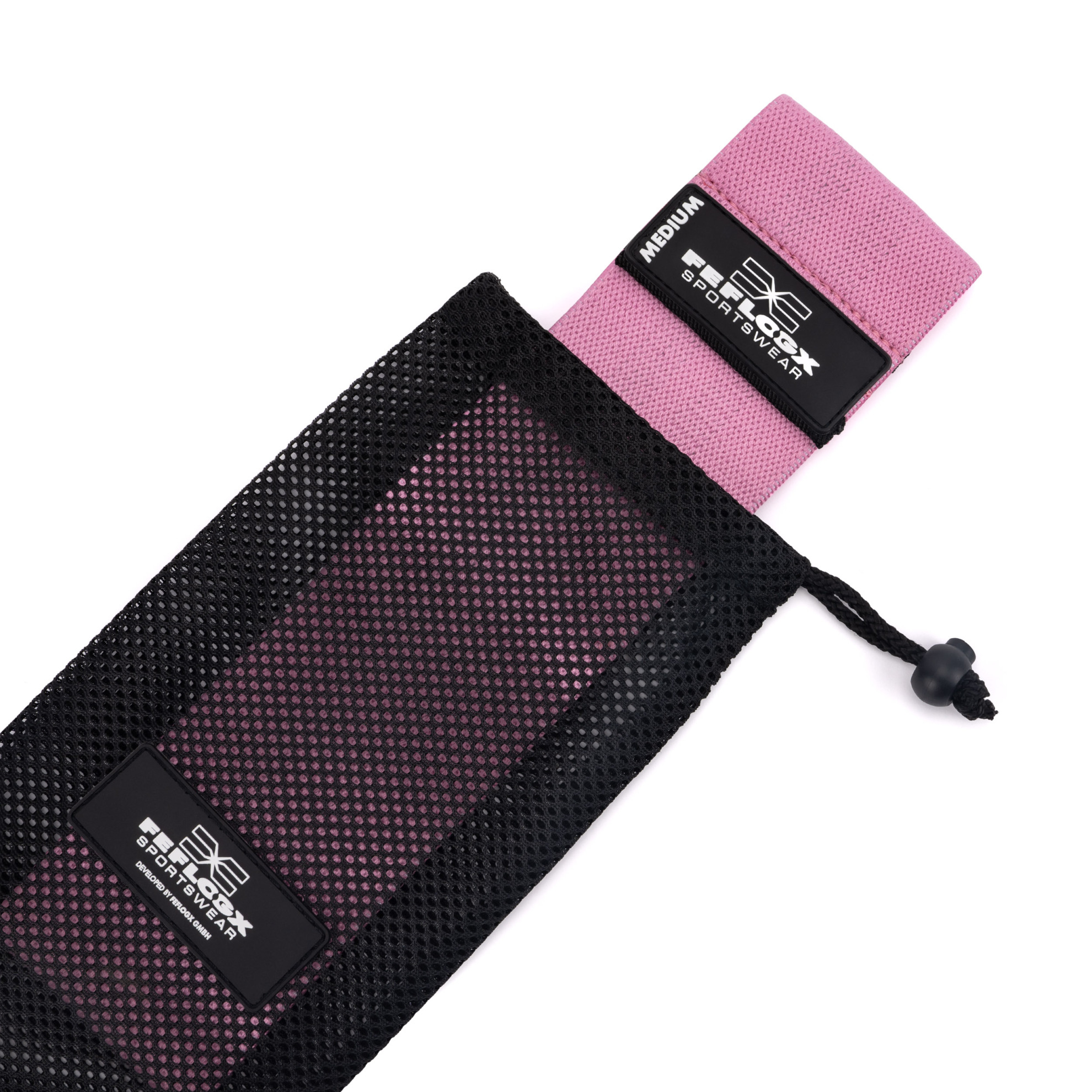 Erstklassige FFX Profi Stoff Widerstandsbänder Sport High Performance by FEFLOGX Sportswear, extrem hochwertige Gummibänder Sport, Resistance Bands, Fitnessbänder, Fitness Bänder, Booty Bands, Sport Hüftbänder mit High-Grade Silicon-Rubber-Patch & einem qualitativ sehr hochwertigen Netzbeutel zur ordentlichen Aufbewahrung, 3 verschiedene Stärken (Strong, Medium, Light), hier Pink - Medium. FFX Profi Stoff Widerstandsbänder Sport High Performance
