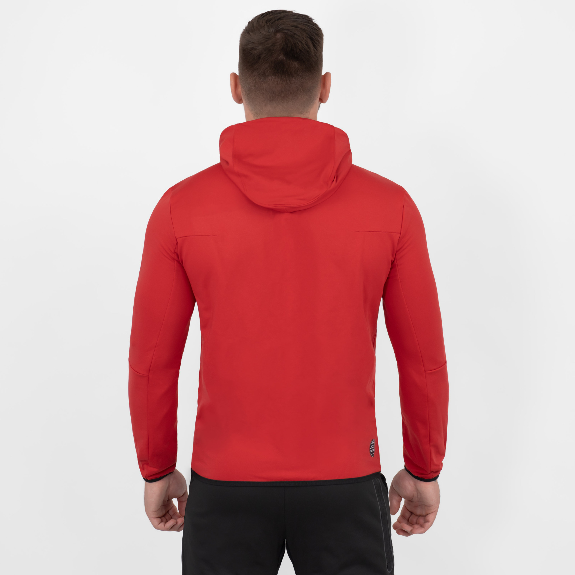 FFX Superior Kapuzen Trainingsjacke Absolute Power by FEFLOGX Sportswear, Teil des Trainingsanzug: FFX Superior Jogginganzug Absolute Power, Top-Style Zip-Hoodie, Jacke mit Kapuze, Zip Hoody, Zipper Hoodie, Sport Jacke, Freizeit Jacke, Kapuzenpullover mit Reißverschluss, Farben schwarz & rot, hintere Ansicht der roten Trainingsjacke mit Kapuze. FFX Superior Kapuzen Trainingsjacke Absolute Power