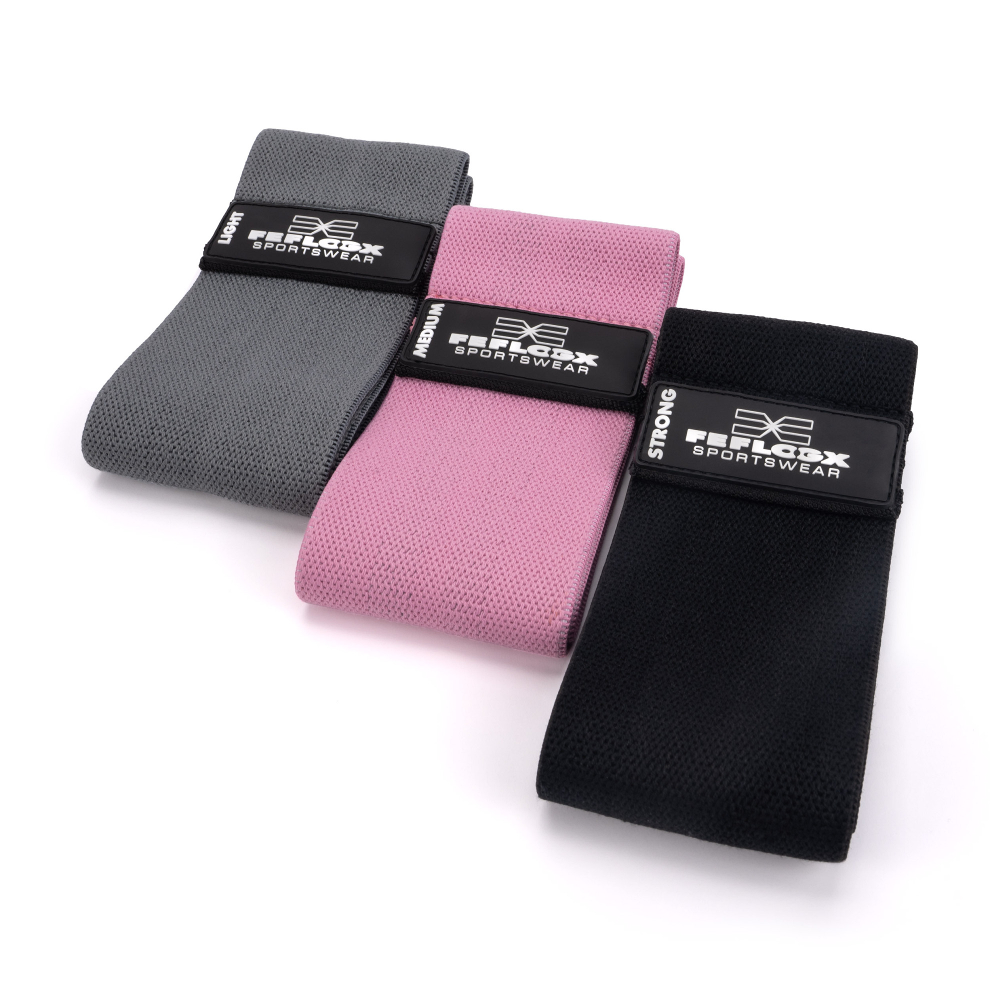 Erstklassige FFX Profi Stoff Widerstandsbänder Sport High Performance by FEFLOGX Sportswear, extrem hochwertige Gummibänder Sport, Resistance Bands, Fitnessbänder, Fitness Bänder, Booty Bands, Sport Hüftbänder mit High-Grade Silicon-Rubber-Patch & einem qualitativ sehr hochwertigen Netzbeutel zur ordentlichen Aufbewahrung, 3 verschiedene Stärken (Strong, Medium, Light) (1). FFX Profi Stoff Widerstandsbänder Sport High Performance