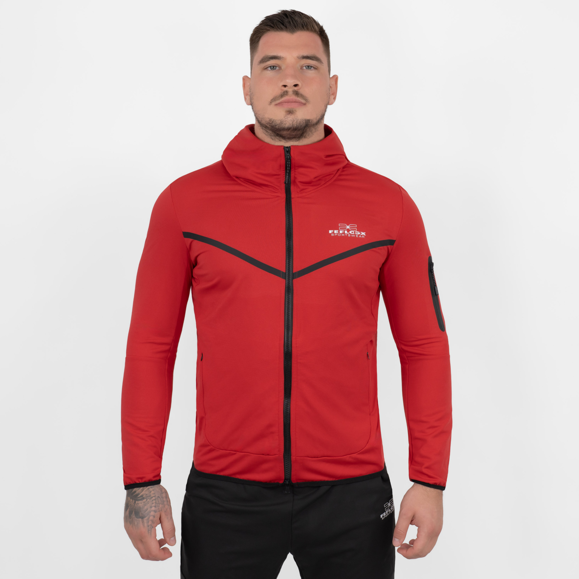 FFX Superior Kapuzen Trainingsjacke Absolute Power by FEFLOGX Sportswear, Teil des Trainingsanzug: FFX Superior Jogginganzug Absolute Power, Top-Style Zip-Hoodie, Jacke mit Kapuze, Zip Hoody, Zipper Hoodie, Sport Jacke, Freizeit Jacke, Kapuzenpullover mit Reißverschluss, Farben schwarz & rot, vordere Ansicht der roten Trainingsjacke mit Kapuze. FFX Superior Kapuzen Trainingsjacke Absolute Power