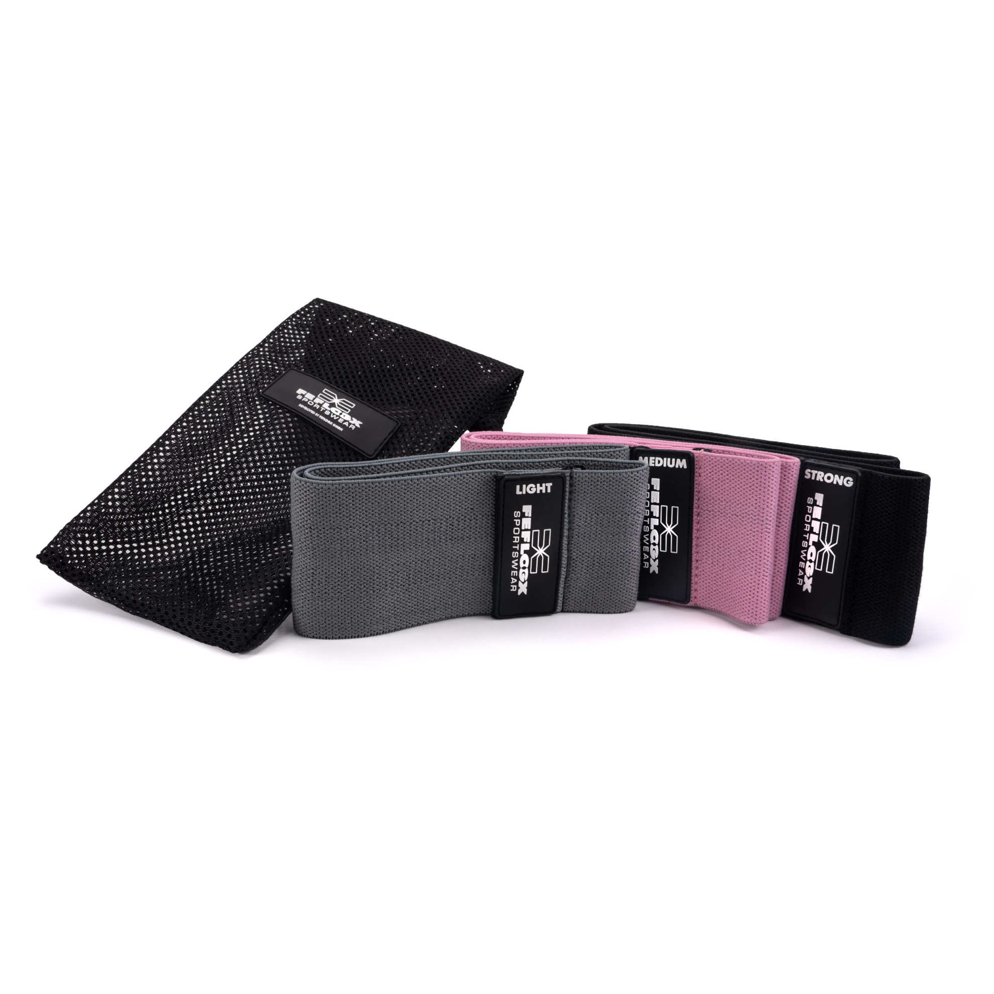 Erstklassige FFX Profi Stoff Widerstandsbänder Sport High Performance by FEFLOGX Sportswear, extrem hochwertige Gummibänder Sport, Resistance Bands, Fitnessbänder, Fitness Bänder, Booty Bands, Sport Hüftbänder mit High-Grade Silicon-Rubber-Patch & einem qualitativ sehr hochwertigen Netzbeutel zur ordentlichen Aufbewahrung, 3 verschiedene Stärken (Strong, Medium, Light) (2). FFX Profi Stoff Widerstandsbänder Sport High Performance
