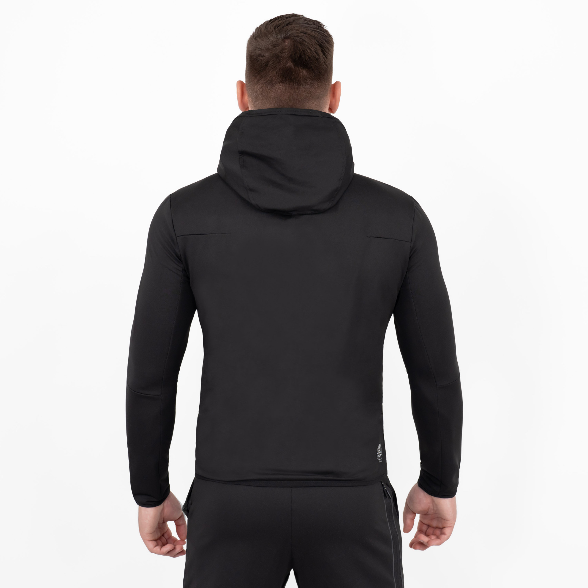 FFX Superior Kapuzen Trainingsjacke Absolute Power by FEFLOGX Sportswear, Teil des Trainingsanzug: FFX Superior Jogginganzug Absolute Power, Top-Style Zip-Hoodie, Jacke mit Kapuze, Zip Hoody, Zipper Hoodie, Sport Jacke, Freizeit Jacke, Kapuzenpullover mit Reißverschluss, Farben schwarz & rot, hintere Ansicht der schwarzen Trainingsjacke mit Kapuze. FFX Superior Kapuzen Trainingsjacke Absolute Power