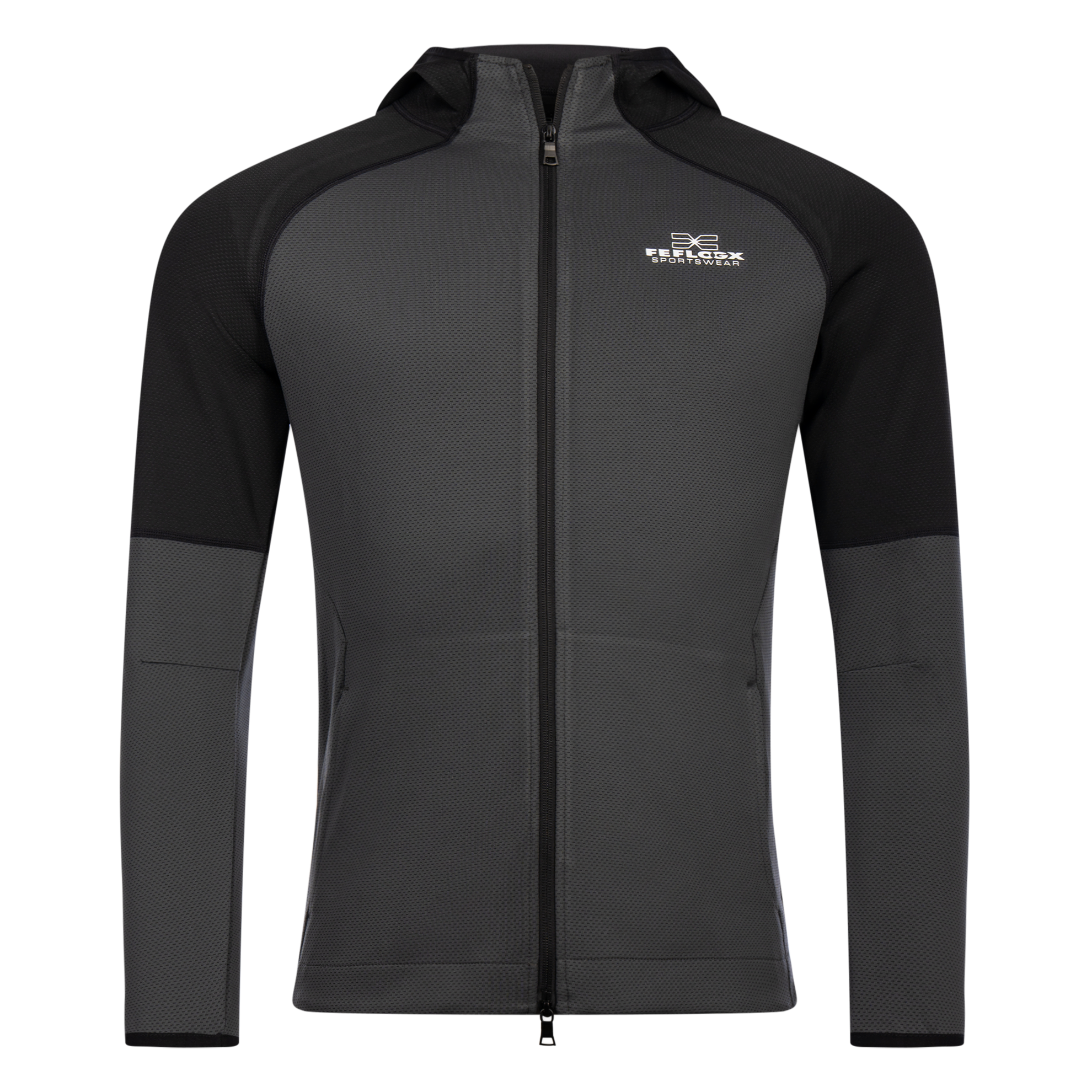 FFX High Performance Zip Hoodie Fighting Fitness von dem FFX High-Performance Sportanzugs Fighting Fitness von FEFLOGX, Zip Hoodie Herren & Damen, Trainingsjacke, Hoodie mit Reißverschluss, Trainings-Jacke, Oberteil vom Trainingsanzug Herren, Jogginganzug Herren, Track Suit, Sportanzug, in den Farben schwarz-grau& grau-schwarz, Vorderansicht grau-schwarz. FFX High Performance Zip Hoodie Fighting Fitness