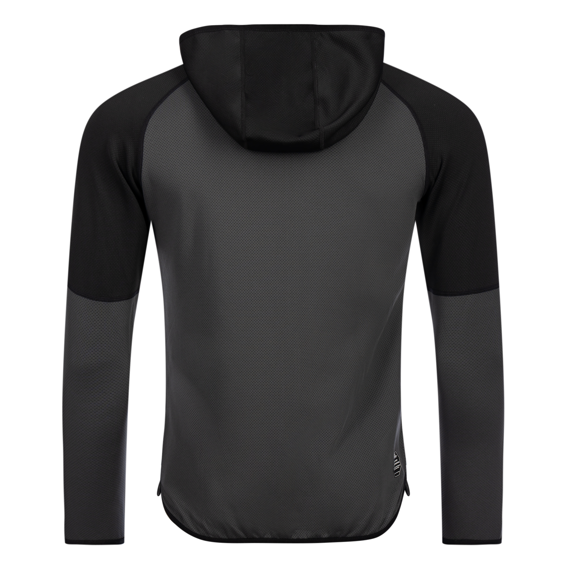 FFX High Performance Zip Hoodie Fighting Fitness von dem FFX High-Performance Sportanzugs Fighting Fitness von FEFLOGX, Zip Hoodie Herren & Damen, Trainingsjacke, Hoodie mit Reißverschluss, Trainings-Jacke, Oberteil vom Trainingsanzug Herren, Jogginganzug Herren, Track Suit, Sportanzug, in den Farben schwarz-grau& grau-schwarz, Hinteransicht grau-schwarz. FFX High Performance Zip Hoodie Fighting Fitness