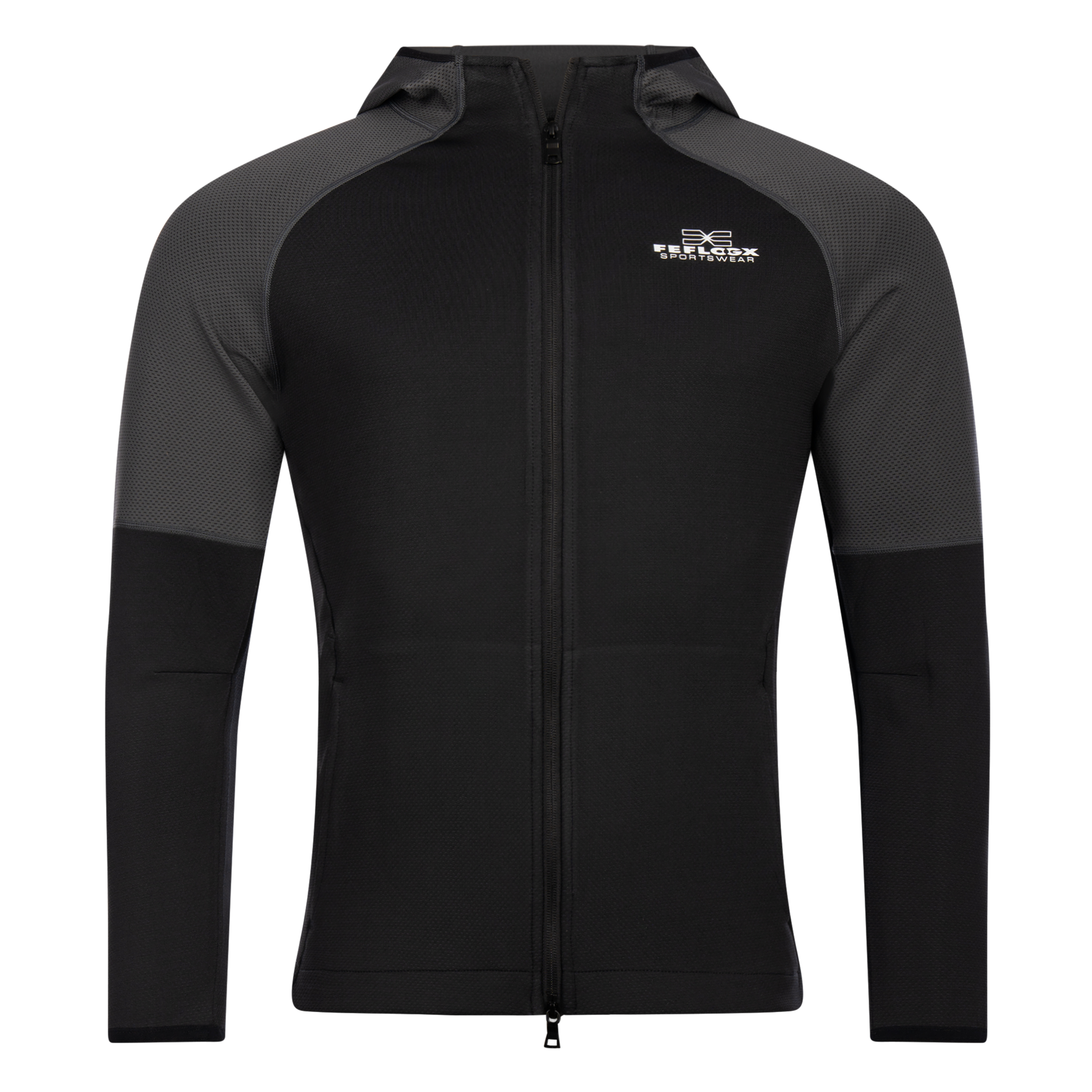 FFX High Performance Zip Hoodie Fighting Fitness von dem FFX High-Performance Sportanzugs Fighting Fitness von FEFLOGX, Zip Hoodie Herren & Damen, Trainingsjacke, Hoodie mit Reißverschluss, Trainings-Jacke, Oberteil vom Trainingsanzug Herren, Jogginganzug Herren, Track Suit, Sportanzug, in den Farben schwarz-grau& grau-schwarz, Vorderansicht schwarz-grau. FFX High Performance Zip Hoodie Fighting Fitness