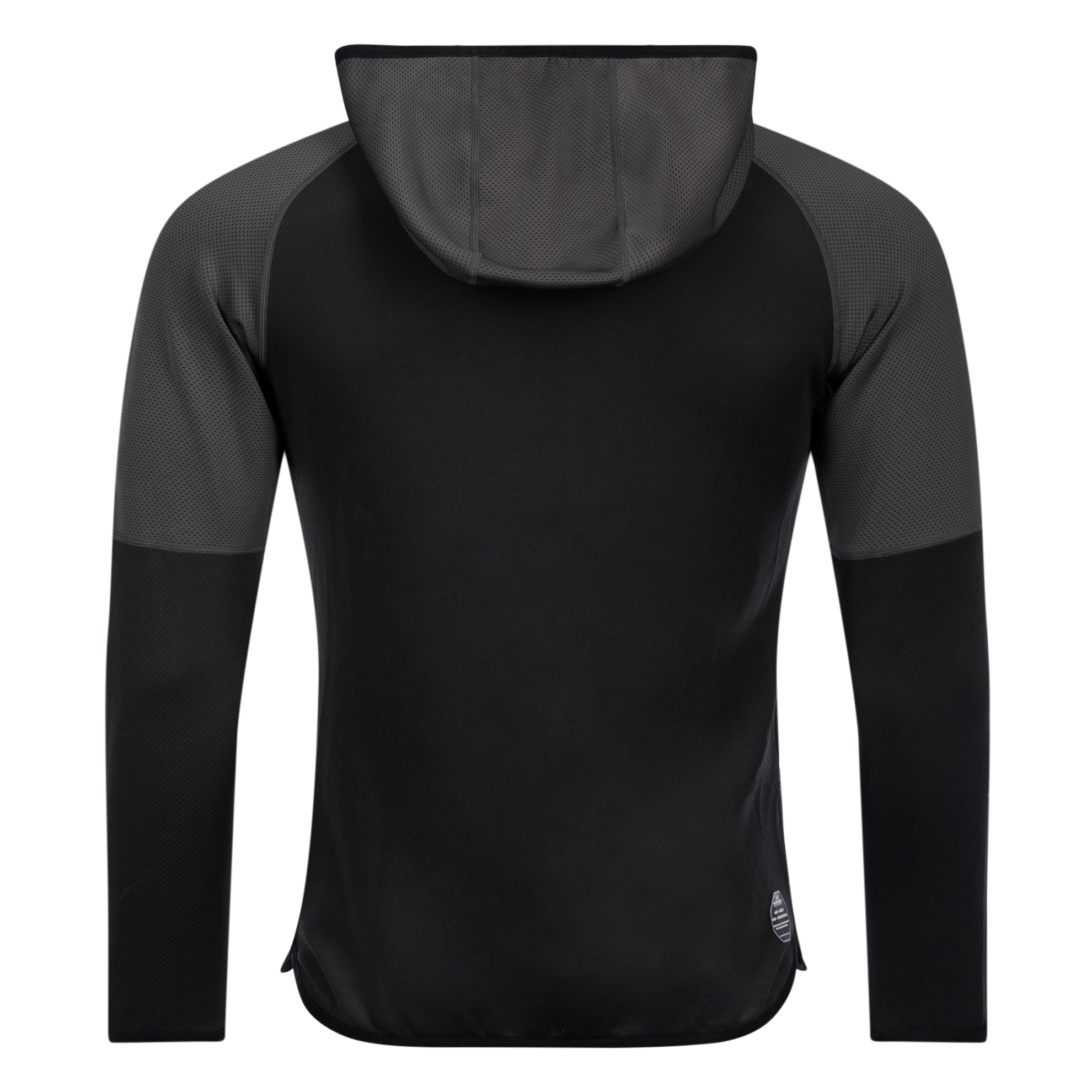 FFX High Performance Zip Hoodie Fighting Fitness von dem FFX High-Performance Sportanzugs Fighting Fitness von FEFLOGX, Zip Hoodie Herren & Damen, Trainingsjacke, Hoodie mit Reißverschluss, Trainings-Jacke, Oberteil vom Trainingsanzug Herren, Jogginganzug Herren, Track Suit, Sportanzug, in den Farben schwarz-grau& grau-schwarz, Hinteransicht schwarz-grau. FFX High Performance Zip Hoodie Fighting Fitness