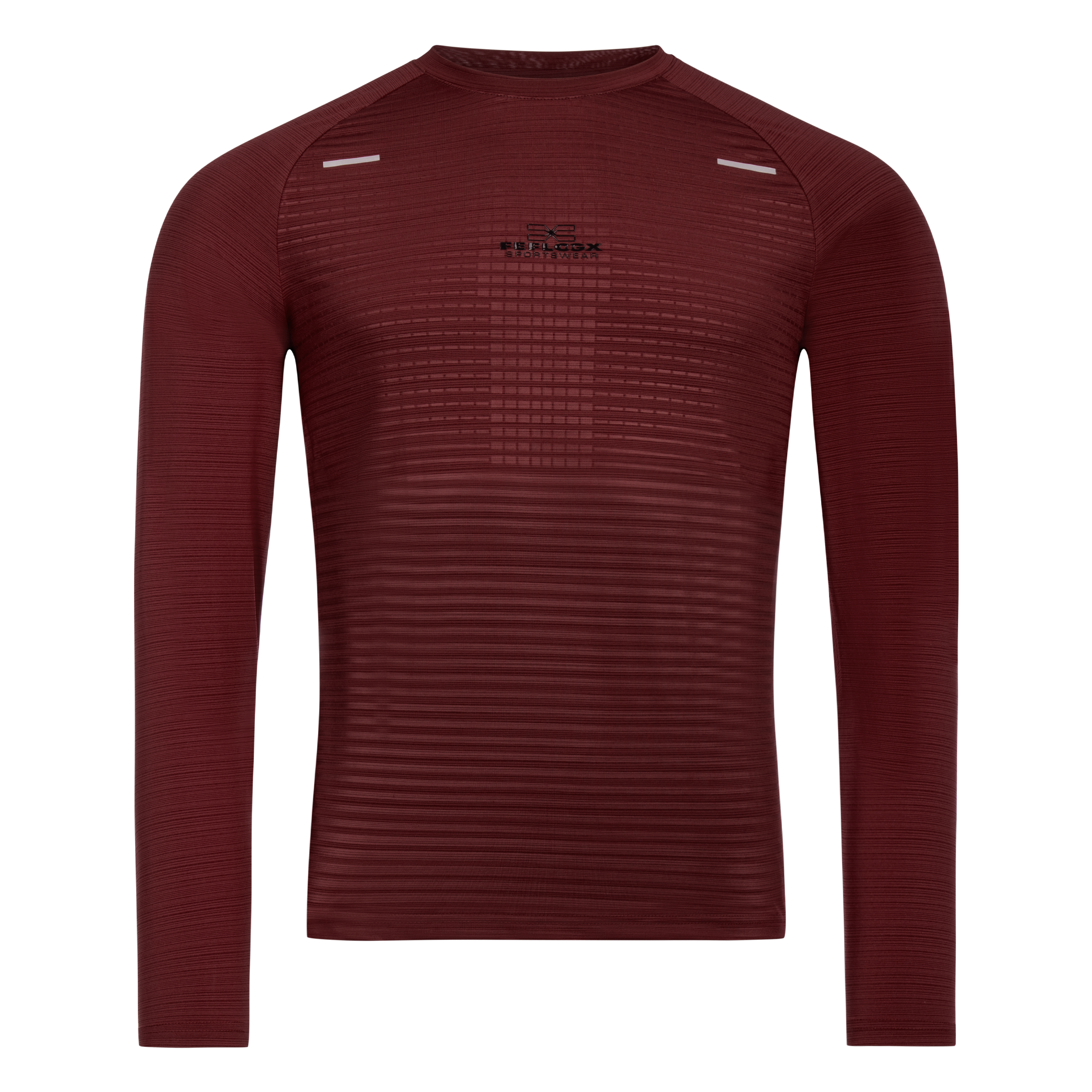 FFX Langarm Funktions Sportshirt Precise Fit von FEFLOGX Sportswear in rot, schwarz & dunkelgrau, langarm Sportshirt, langärmliges Rashguard, Sport Oberteil langarm, Sportshirt, Sport Oberteil, Funktionsshirt langarm, Kompressionsshirt langarm, vordere Ansicht des roten langarm Rashguards. FFX Langarm Funktions Sportshirt Precise Fit