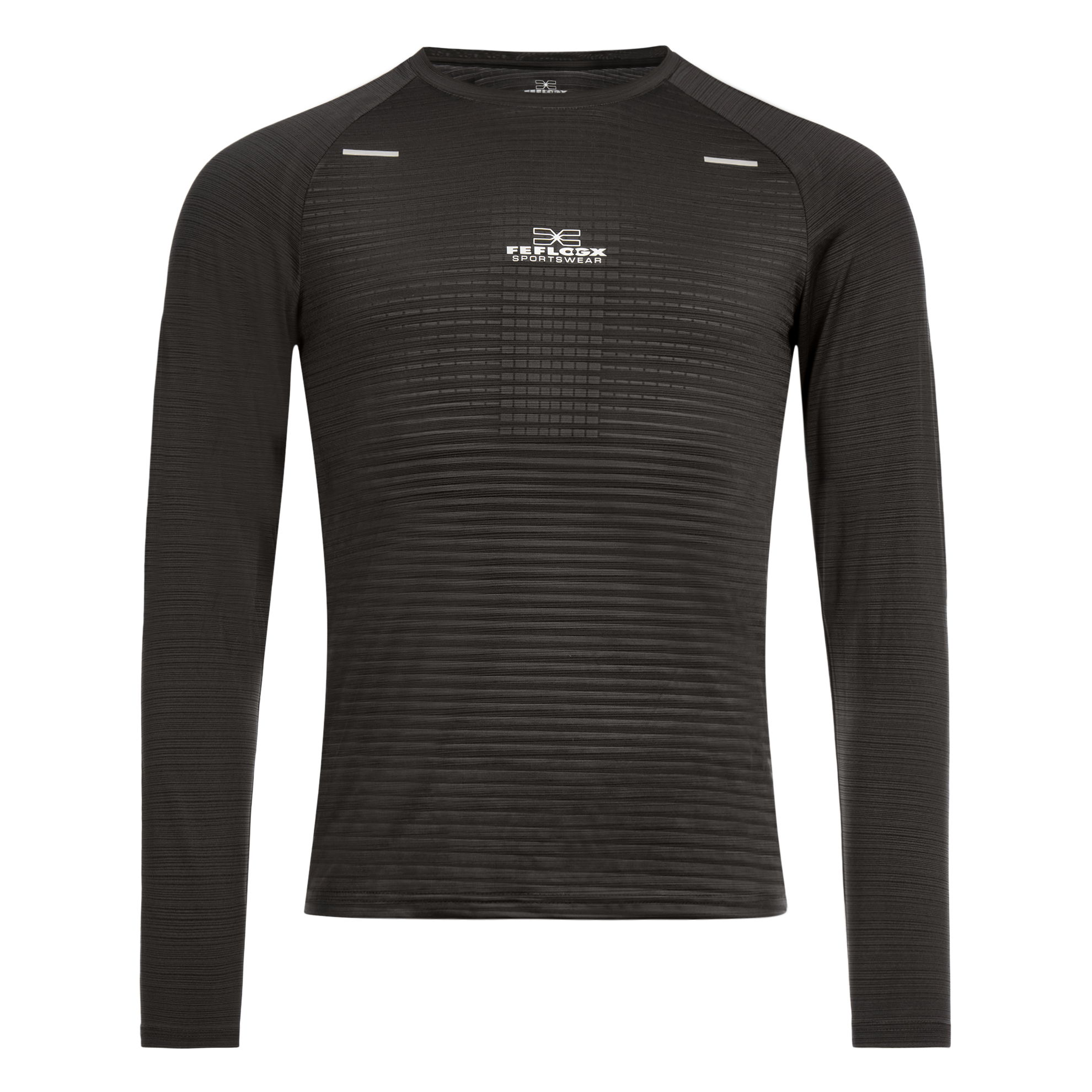 FFX Langarm Funktions Sportshirt Precise Fit von FEFLOGX Sportswear in rot, schwarz & dunkelgrau, langarm Sportshirt, langärmliges Rashguard, Sport Oberteil langarm, Sportshirt, Sport Oberteil, Funktionsshirt langarm, Kompressionsshirt langarm, vordere Ansicht des dunkelgrauen langarm Rashguards. FFX Langarm Funktions Sportshirt Precise Fit