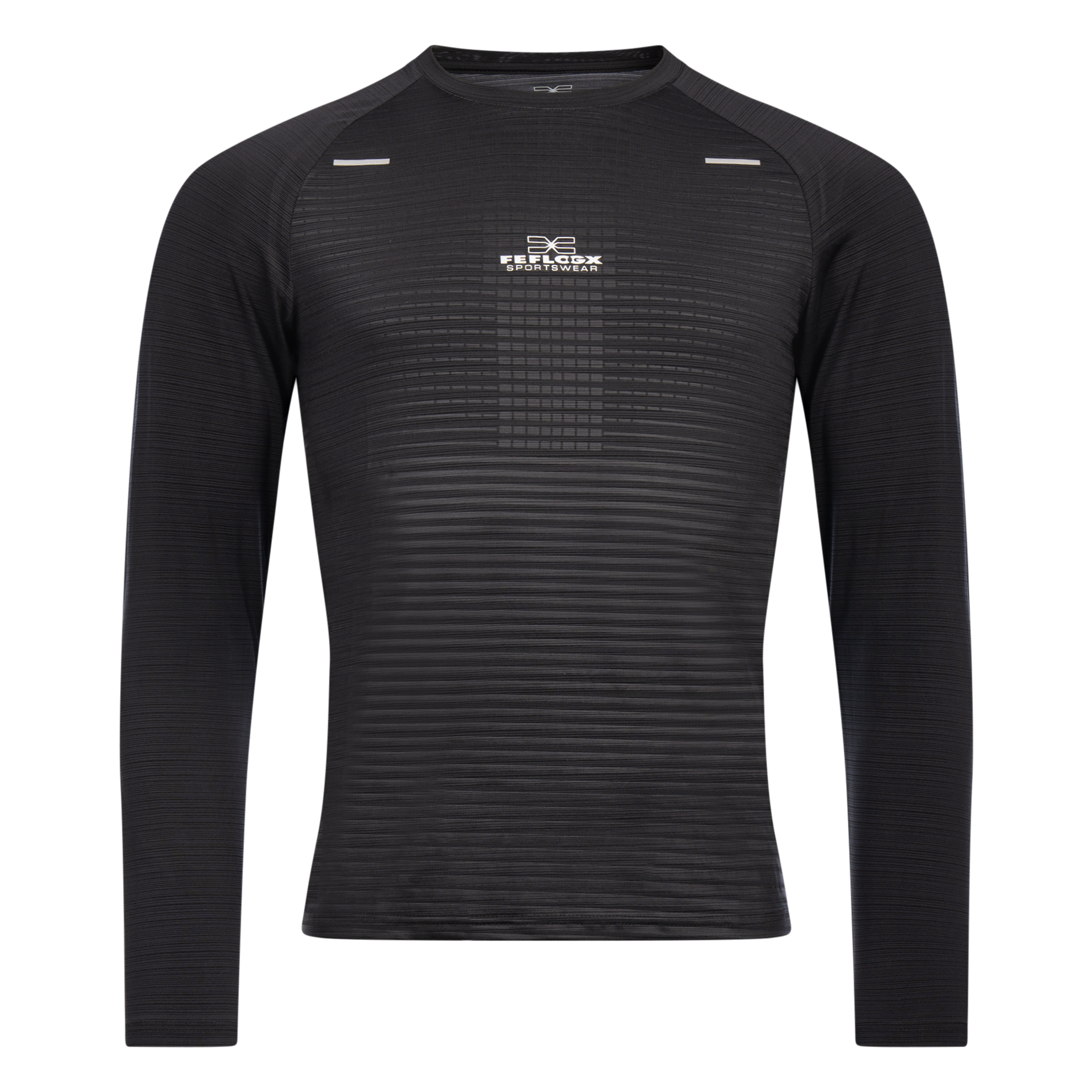 FFX Langarm Funktions Sportshirt Precise Fit von FEFLOGX Sportswear in rot, schwarz & dunkelgrau, langarm Sportshirt, langärmliges Rashguard, Sport Oberteil langarm, Sportshirt, Sport Oberteil, Funktionsshirt langarm, Kompressionsshirt langarm, vordere Ansicht des schwarzen langarm Rashguards. FFX Langarm Funktions Sportshirt Precise Fit