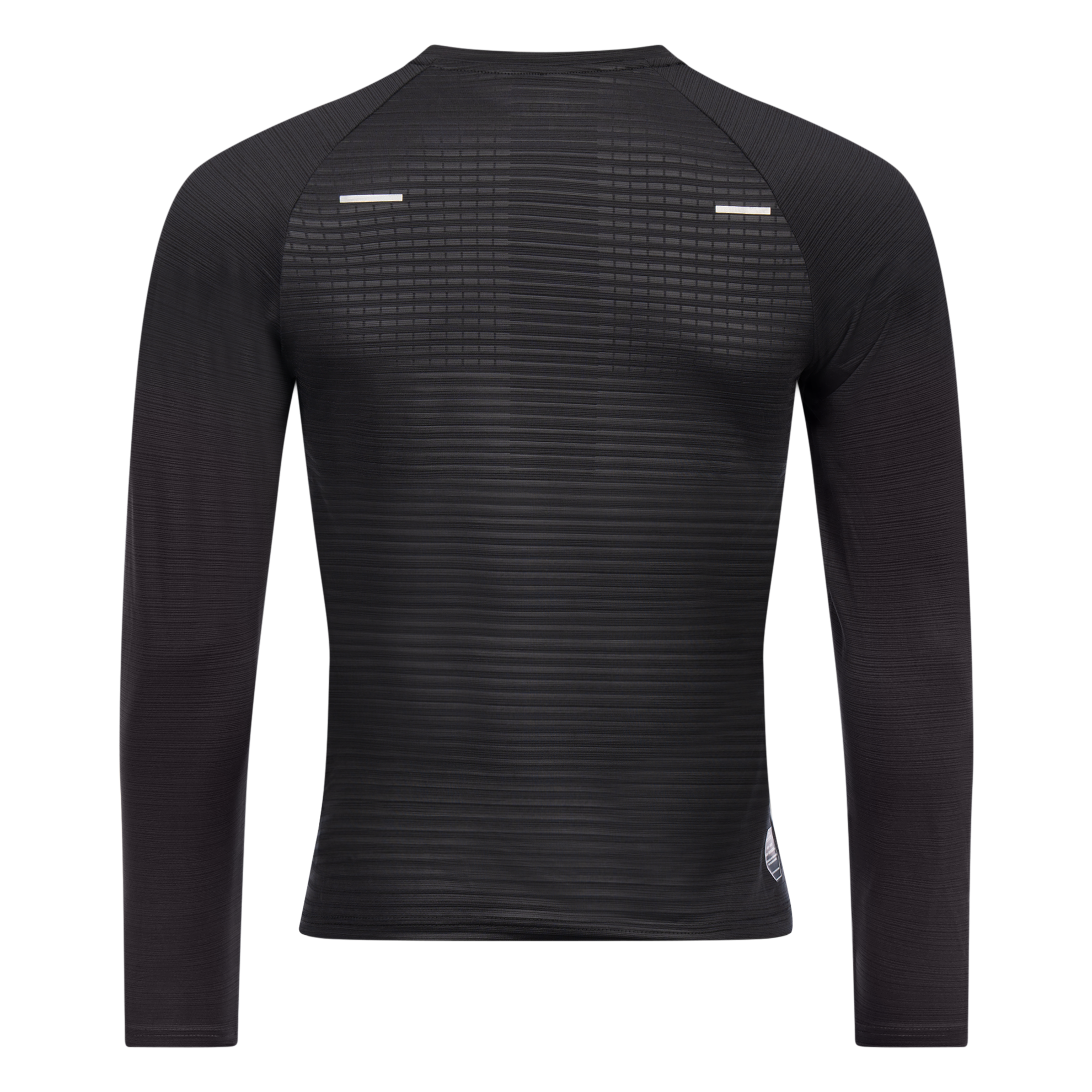 FFX Langarm Funktions Sportshirt Precise Fit von FEFLOGX Sportswear in rot, schwarz & dunkelgrau, langarm Sportshirt, langärmliges Rashguard, Sport Oberteil langarm, Sportshirt, Sport Oberteil, Funktionsshirt langarm, Kompressionsshirt langarm, hintere Ansicht des schwarzen langarm Rashguards. FFX Langarm Funktions Sportshirt Precise Fit