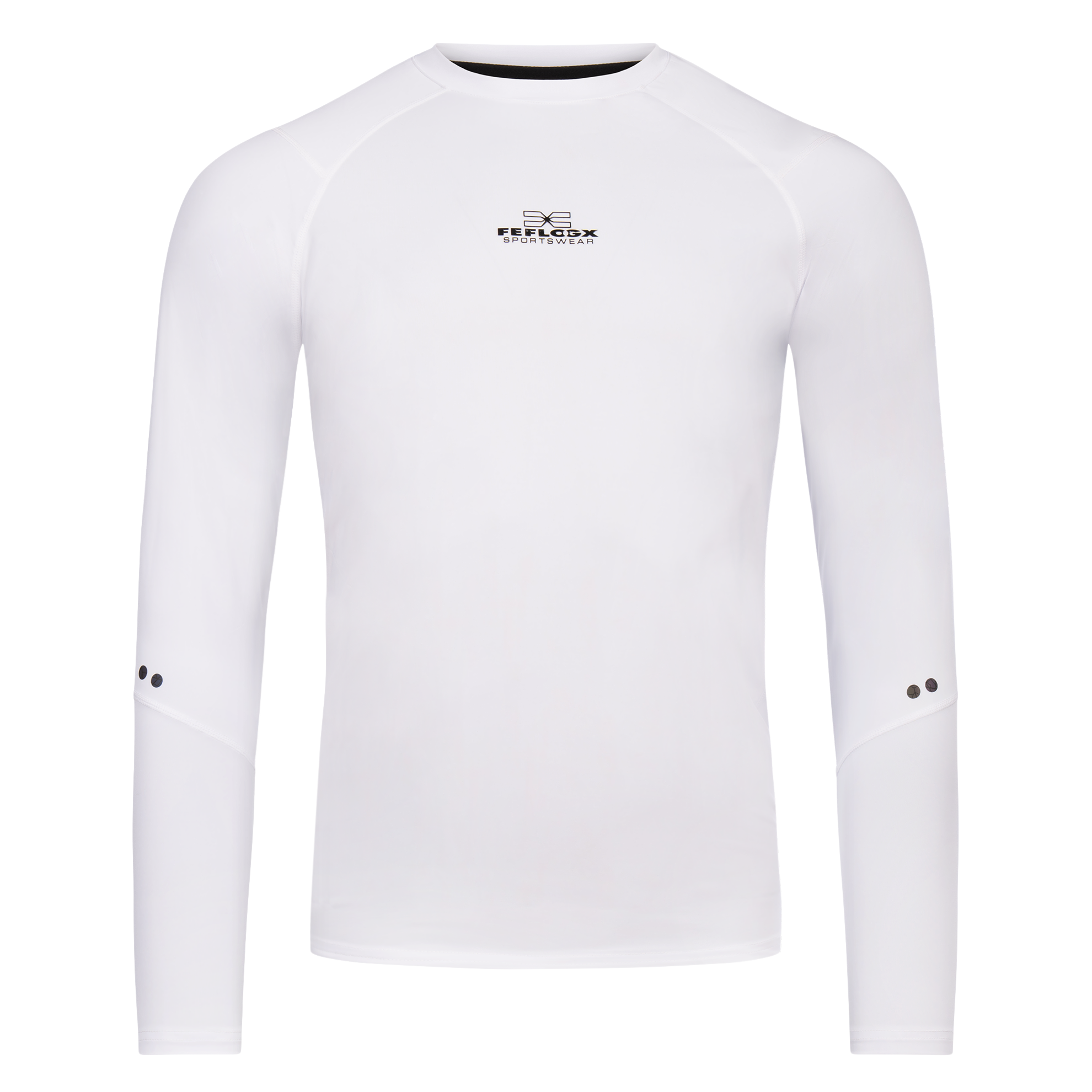 FFX Langarm Compression Rashguard Core Fit by FEFLOGX Sportswear in grau, weiß & schwarz, Fitness T Shirt, Sport Sweatshirt, langarm Sport Shirt, Longsleeve, langärmliges Sportshirt, langarm Rashguard, vordere Ansicht des weißen Compression Gym Shirt. FFX Langarm Compression Rashguard Core Fit