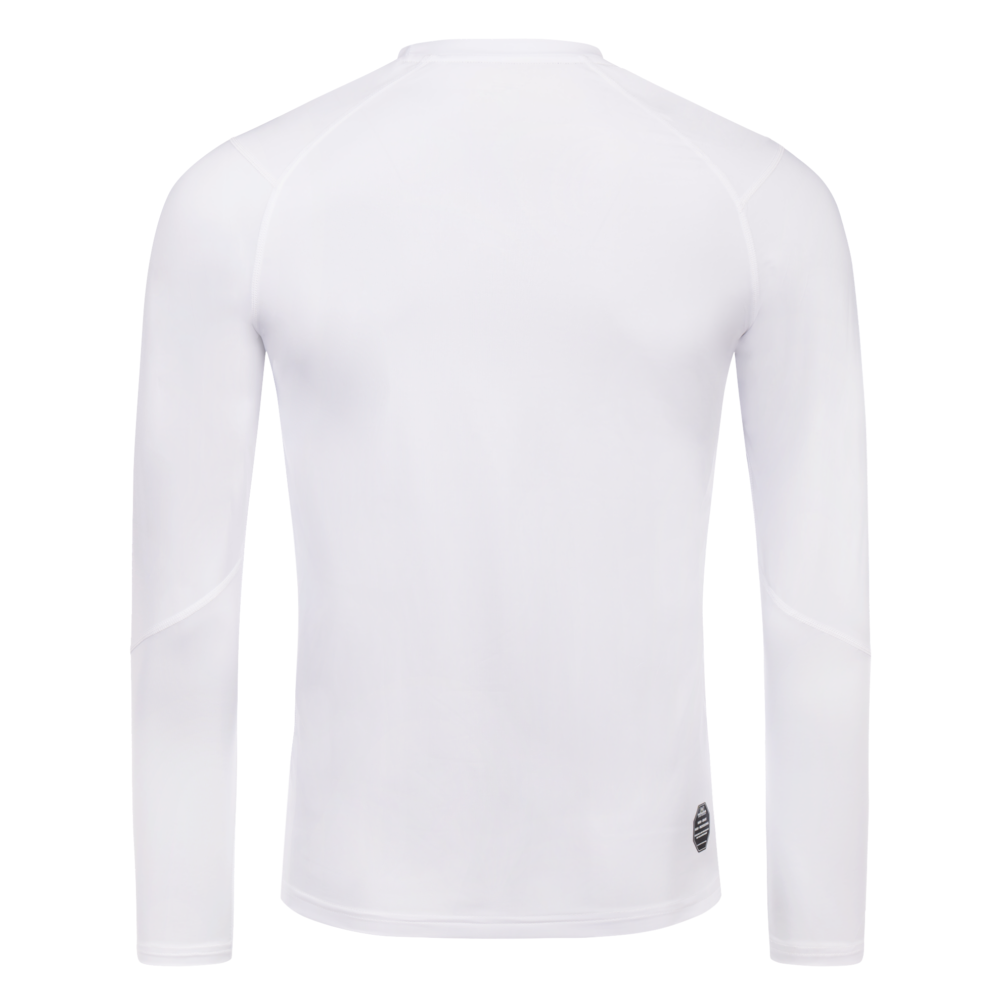 FFX Langarm Compression Rashguard Core Fit by FEFLOGX Sportswear in grau, weiß & schwarz, Fitness T Shirt, Sport Sweatshirt, langarm Sport Shirt, Longsleeve, langärmliges Sportshirt, langarm Rashguard, hintere Ansicht des weißen Compression Gym Shirt. FFX Langarm Compression Rashguard Core Fit