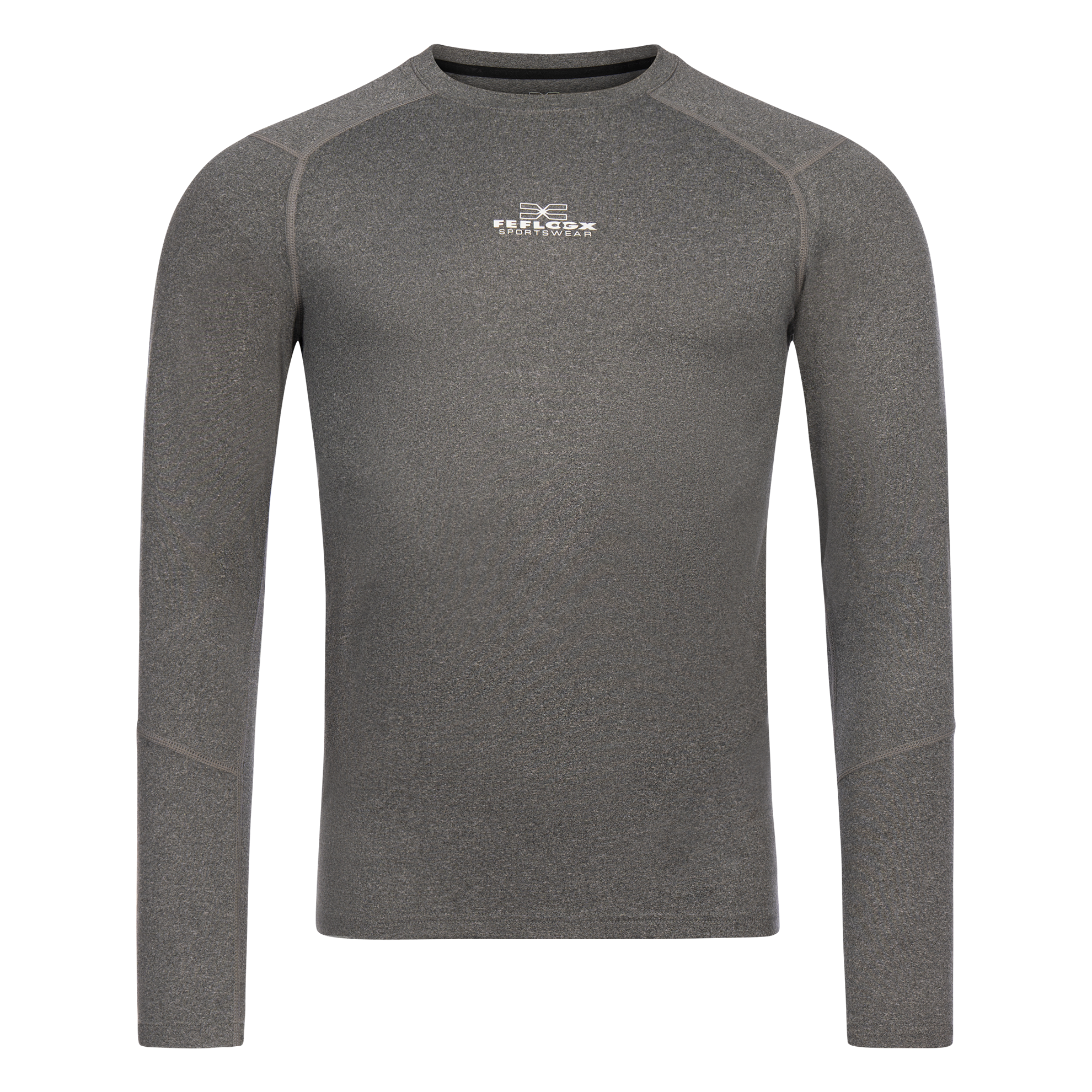 FFX Körperbetontes Sport Sweatshirt Performance Comfort von FEFLOGX Sportswear. Extrem hochwertig, super bequem, unglaublich gemütlicher Stoff & erstklassige Passform. Sport Oberteil, Longsleeve Shirt, langes Sportshirt, Sport Pullover, grau, schwarz & blaugrün. Front-Ansicht der grauen Farbe (1). FFX Langarm Compression Rashguard Core Fit