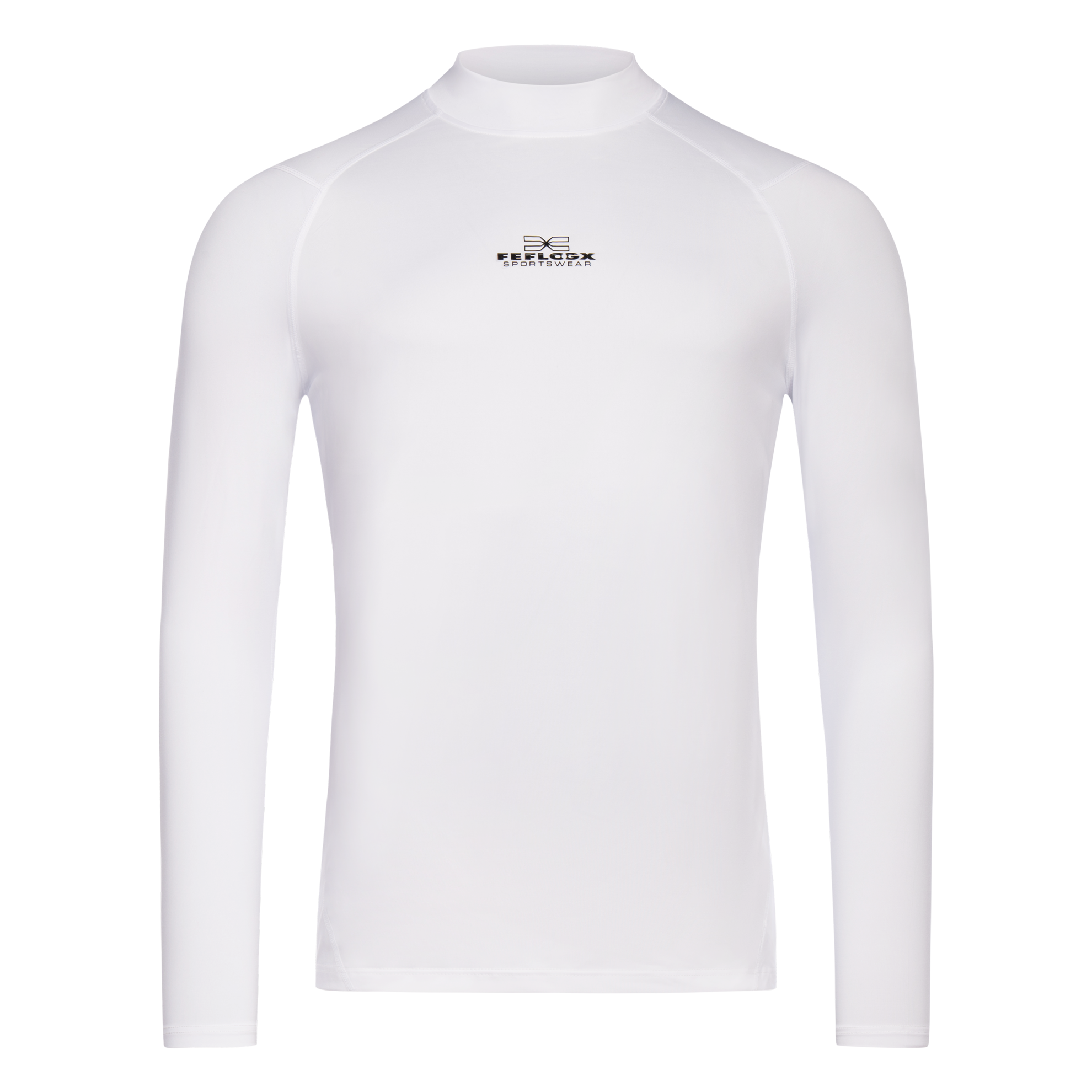 FFX Langarm Kompressions Sport Shirt Extreme Power by FEFLOGX Sportswear. Extrem hochwertig, super bequem & erstklassige Passform für High Performance, Sport Sweatshirt, Sweatshirt, Sport Oberteil, Longsleeve Shirt, Sport Shirt, Sportshirt langarm, Rashguard, langarm Rashguard, Sportshirt langärmlig, langarm Rashguard, Farben: blau, schwarz, weiß & grün, vordere Ansicht des weißen langarm Kompressionsshirt. FFX Langarm Kompressions Sport Shirt Extreme Power