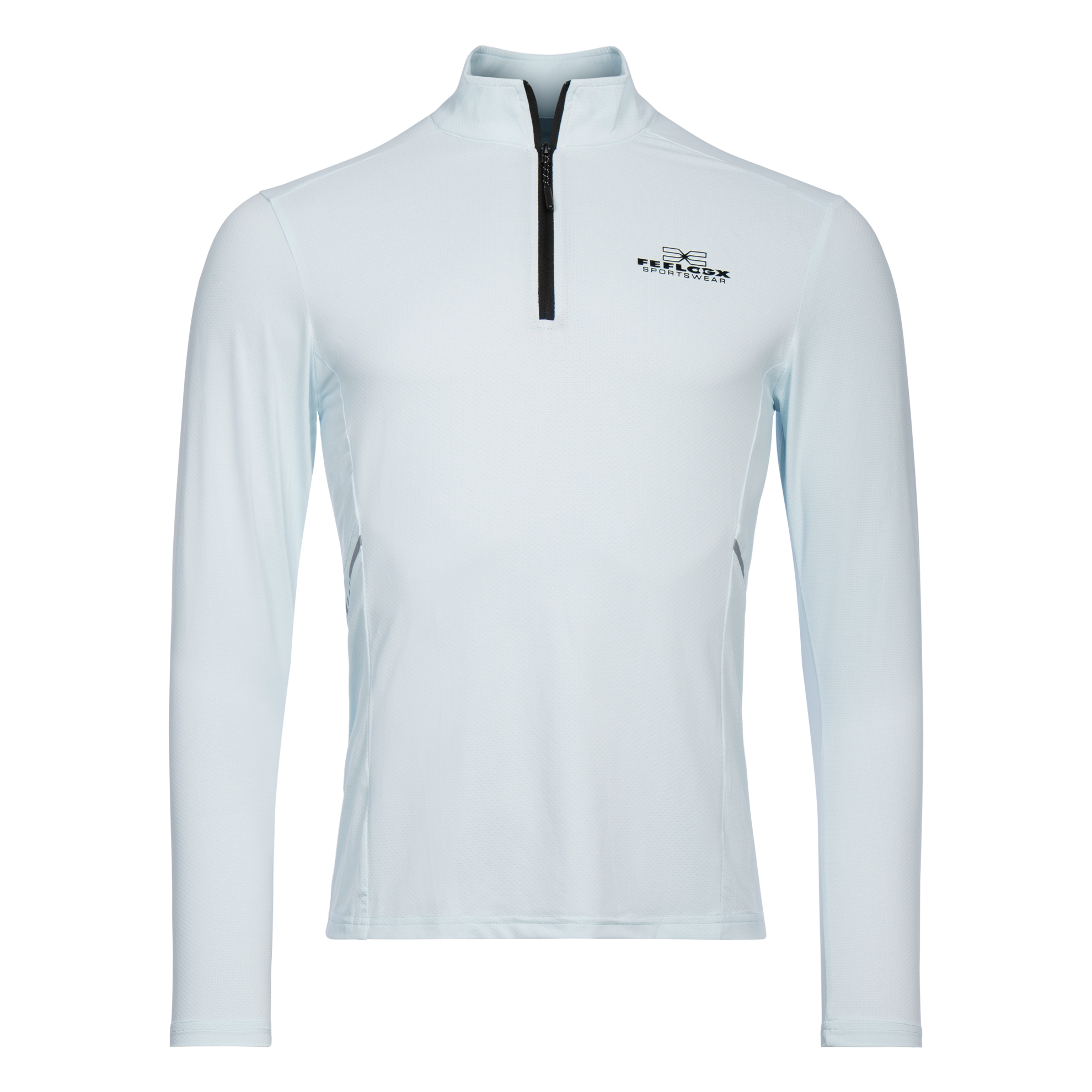 FFX High Performance Sport Sweatshirt mit Reißverschluss by FEFLOGX Sportswear, super komfortabel & mega Top stylisches Design, Sweater, Sport Sweatshirt, Longsleeve Shirt, Zip Pullover, Sport Oberteil, Sweatshirt, Mesh Look, Farben: schwarz, grau-weiß, hellblau vordere Ansicht des hell-blauen Sport Sweatshirt mit 1/4 Reißverschluss. FFX High Performance Sport Sweatshirt mit Reißverschluss