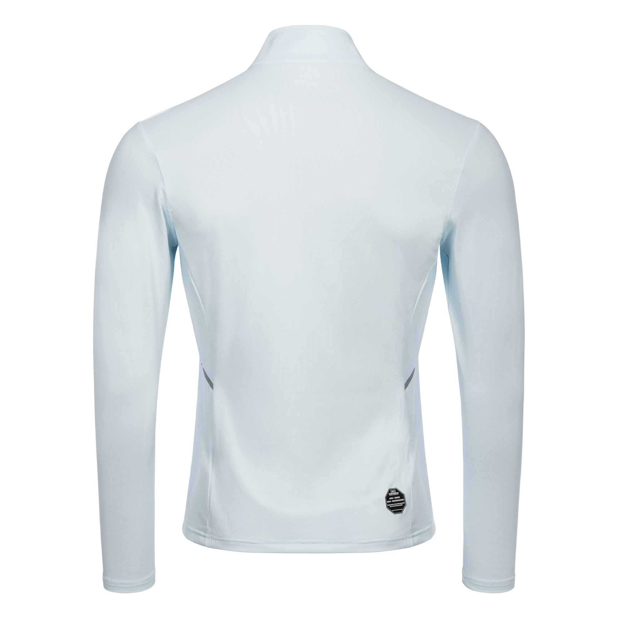 FFX High Performance Sport Sweatshirt mit Reißverschluss by FEFLOGX Sportswear, super komfortabel & mega Top stylisches Design, Sweater, Sport Sweatshirt, Longsleeve Shirt, Zip Pullover, Sport Oberteil, Sweatshirt, Mesh Look, Farben: schwarz, grau-weiß, hellblau hintere Ansicht des hell-blauen Sport Sweatshirt mit 1/4 Reißverschluss. FFX High Performance Sport Sweatshirt mit Reißverschluss