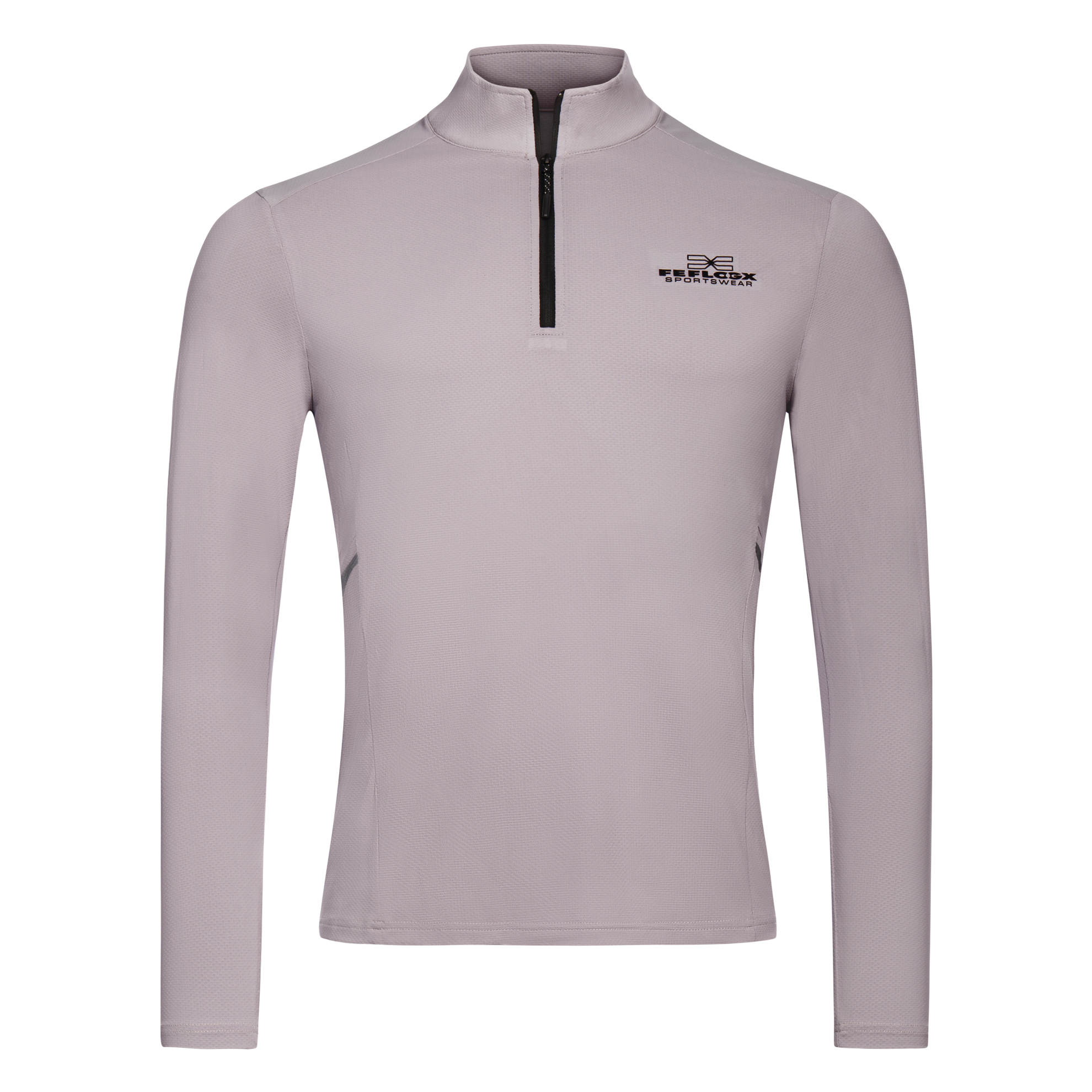FFX High Performance Sport Sweatshirt mit Reißverschluss by FEFLOGX Sportswear, super komfortabel & mega Top stylisches Design, Sweater, Sport Sweatshirt, Longsleeve Shirt, Zip Pullover, Sport Oberteil, Sweatshirt, Mesh Look, Farben: schwarz, grau-weiß, hellblau, vordere Ansicht des grau-beigen Sport Sweatshirt mit 1/4 Reißverschluss. FFX High Performance Sport Sweatshirt mit Reißverschluss