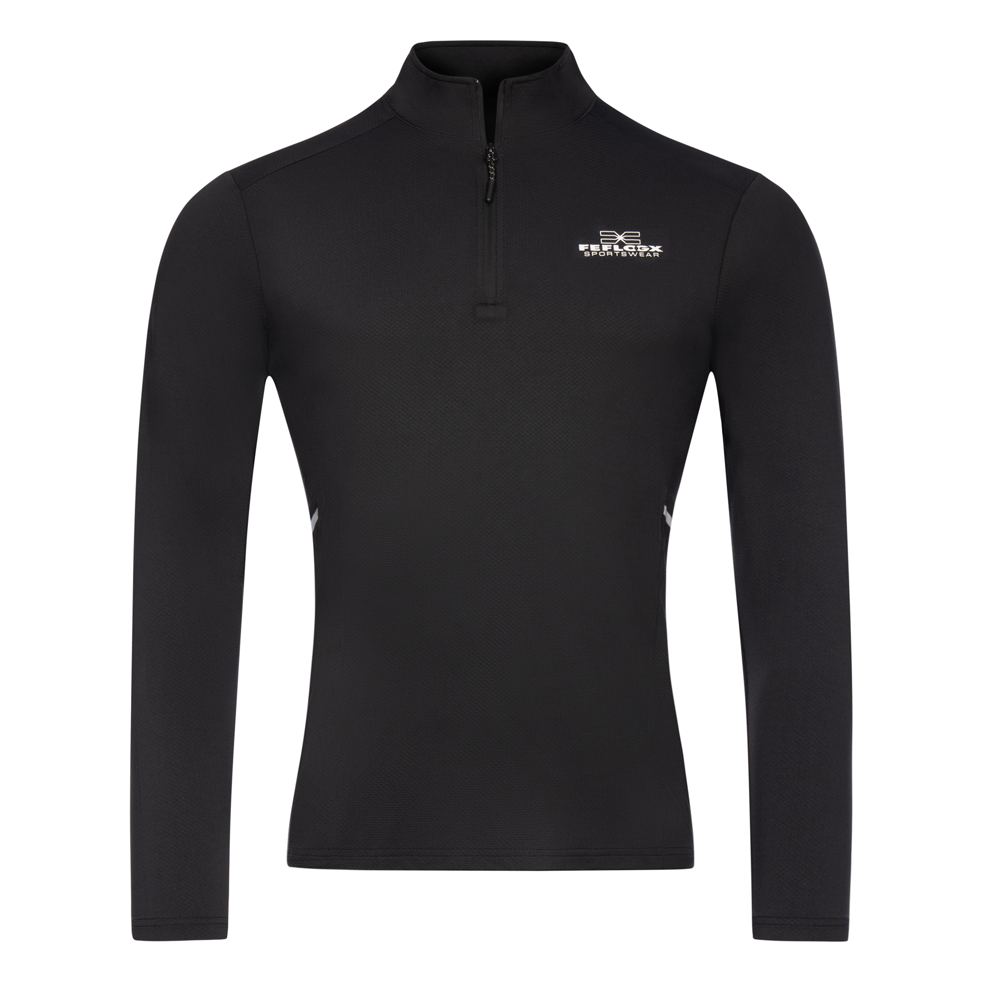 FFX High Performance Sport Sweatshirt mit Reißverschluss by FEFLOGX Sportswear, super komfortabel & mega Top stylisches Design, Sweater, Sport Sweatshirt, Longsleeve Shirt, Zip Pullover, Sport Oberteil, Sweatshirt, Mesh Look, Farben: schwarz, grau-weiß, hellblau, vordere Ansicht des schwarzen Sport Sweatshirt mit 1/4 Reißverschluss. FFX High Performance Sport Sweatshirt mit Reißverschluss