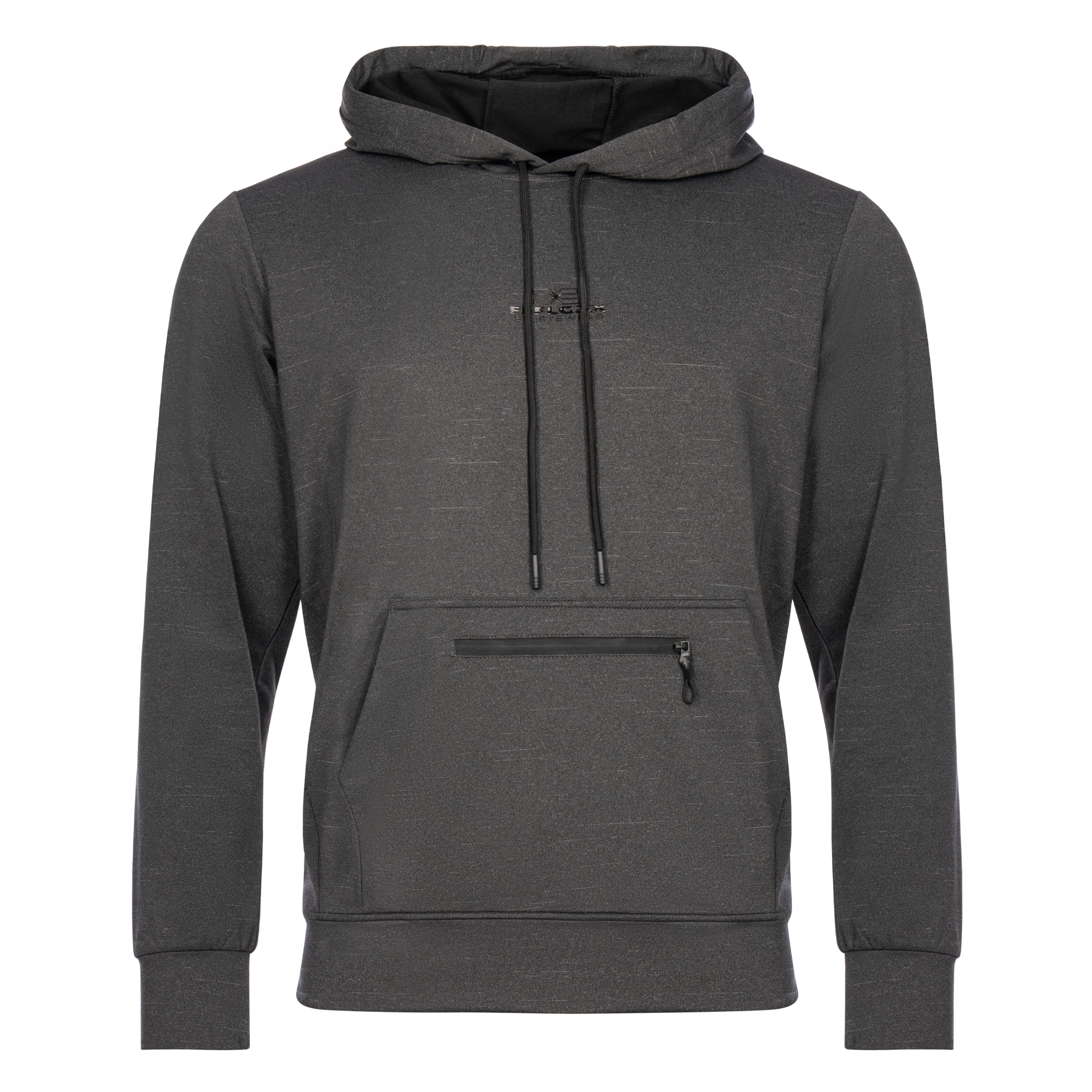 FFX Performance Kapuzenpullover Endurance Fit by FEFLOGX Sportswear in den Farben grau & schwarz, Sport Hoodie, Basic Hoodie, Sweater, Pullover mit Kapuze, Kapuzenpullover, Gym Hoodie, vordere Ansicht des grauen Kapuzen Pullover mit Reißverschluss Känguru Tasche. FFX Performance Kapuzenpullover Endurance Fit