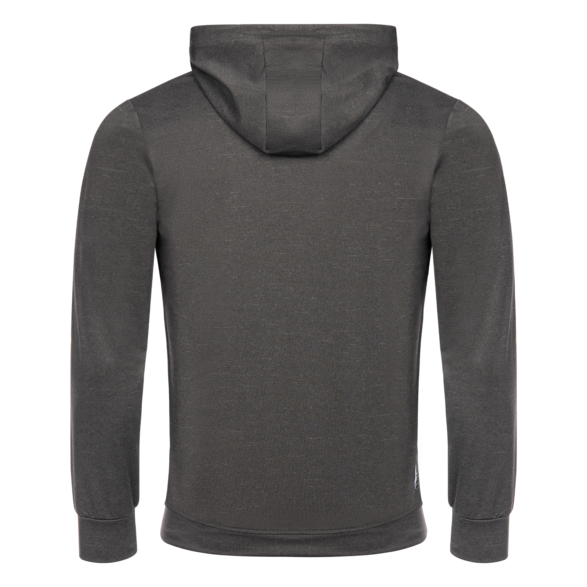 FFX Performance Kapuzenpullover Endurance Fit by FEFLOGX Sportswear in den Farben grau & schwarz, Sport Hoodie, Basic Hoodie, Sweater, Pullover mit Kapuze, Kapuzenpullover, Gym Hoodie, hintere Ansicht des grauen Kapuzen Pullover mit Reißverschluss Känguru Tasche. FFX Performance Kapuzenpullover Endurance Fit