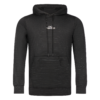 FFX Performance Kapuzenpullover Endurance Fit by FEFLOGX Sportswear in den Farben grau & schwarz, Sport Hoodie, Basic Hoodie, Sweater, Pullover mit Kapuze, Kapuzenpullover, Gym Hoodie, vordere Ansicht des schwarzen Kapuzen Pullover mit Reißverschluss Känguru Tasche. FFX Extra Kurze Sport Shorts High Power