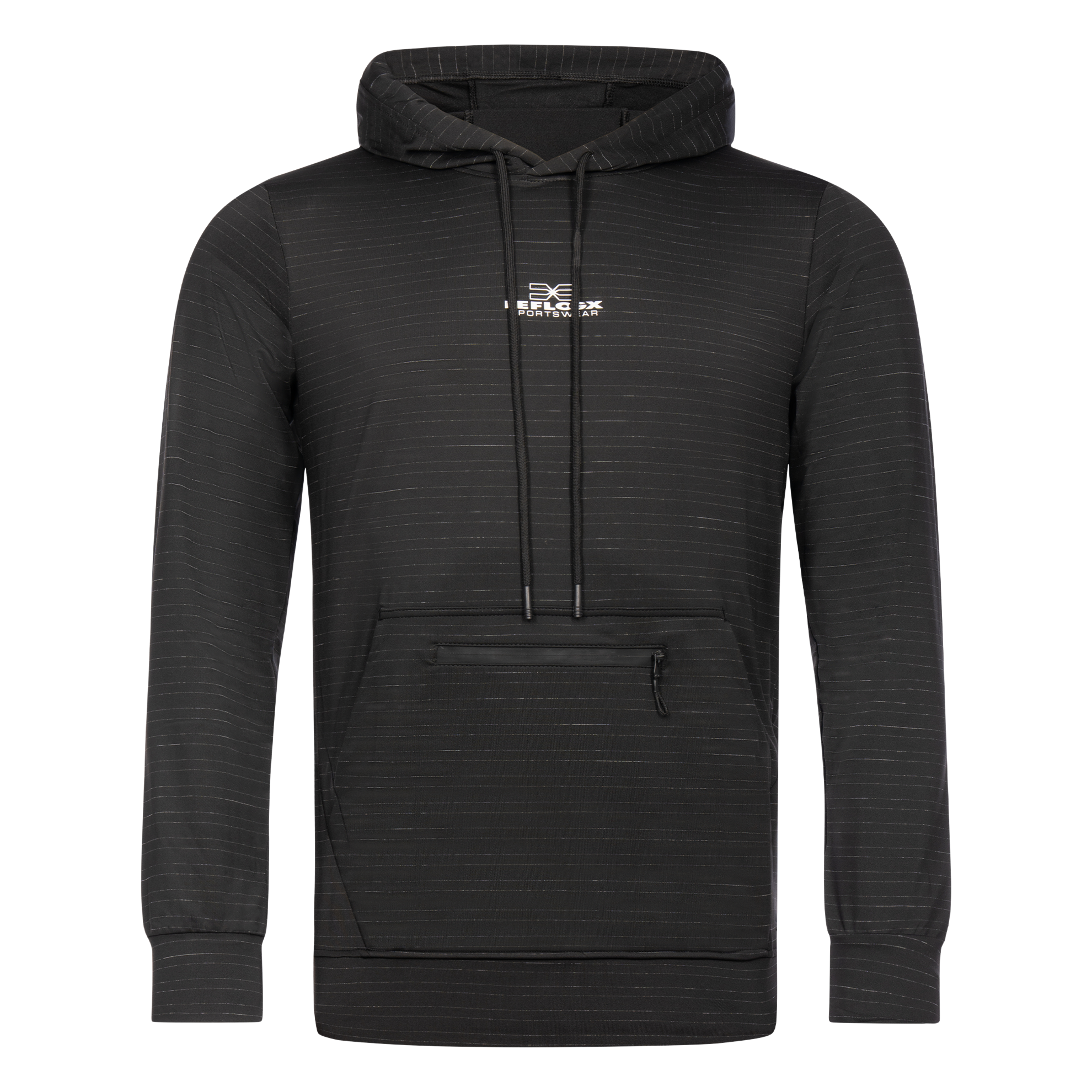 FFX Performance Kapuzenpullover Endurance Fit by FEFLOGX Sportswear in den Farben grau & schwarz, Sport Hoodie, Basic Hoodie, Sweater, Pullover mit Kapuze, Kapuzenpullover, Gym Hoodie, vordere Ansicht des schwarzen Kapuzen Pullover mit Reißverschluss Känguru Tasche. FFX Performance Kapuzenpullover Endurance Fit