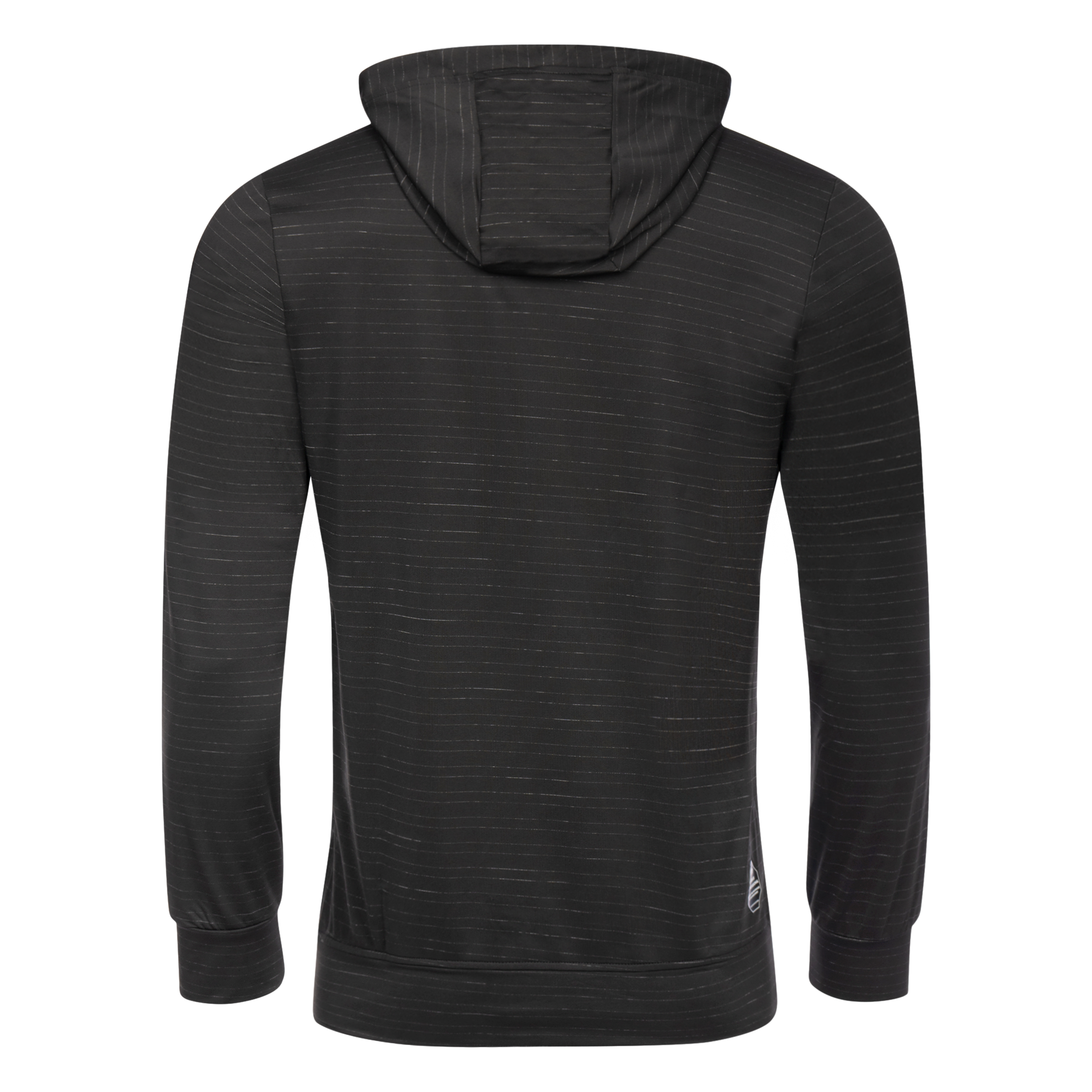 FFX Performance Kapuzenpullover Endurance Fit by FEFLOGX Sportswear in den Farben grau & schwarz, Sport Hoodie, Basic Hoodie, Sweater, Pullover mit Kapuze, Kapuzenpullover, Gym Hoodie, hintere Ansicht des schwarzen Kapuzen Pullover mit Reißverschluss Känguru Tasche. FFX Performance Kapuzenpullover Endurance Fit