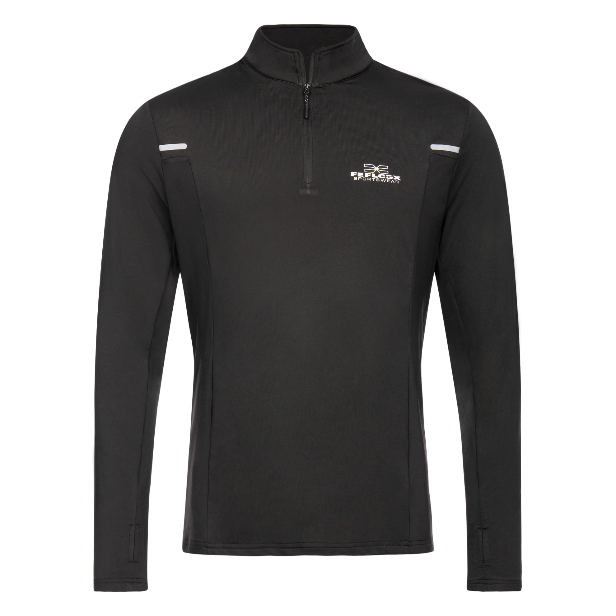FFX ¼ Reißverschluss Sport Longsleeve Total Power by FEFLOGX Sportswear in grau & schwarz, Longsleeve, Sport Sweatshirt, Sport Sweater, Sport Pullover, Pullover mit Reißverschluss, Sportshirt langarm, vordere Ansicht des schwarzen Sport Pullover mit Half-Zipper. FFX ¼ Reißverschluss Sport Longsleeve Total Power